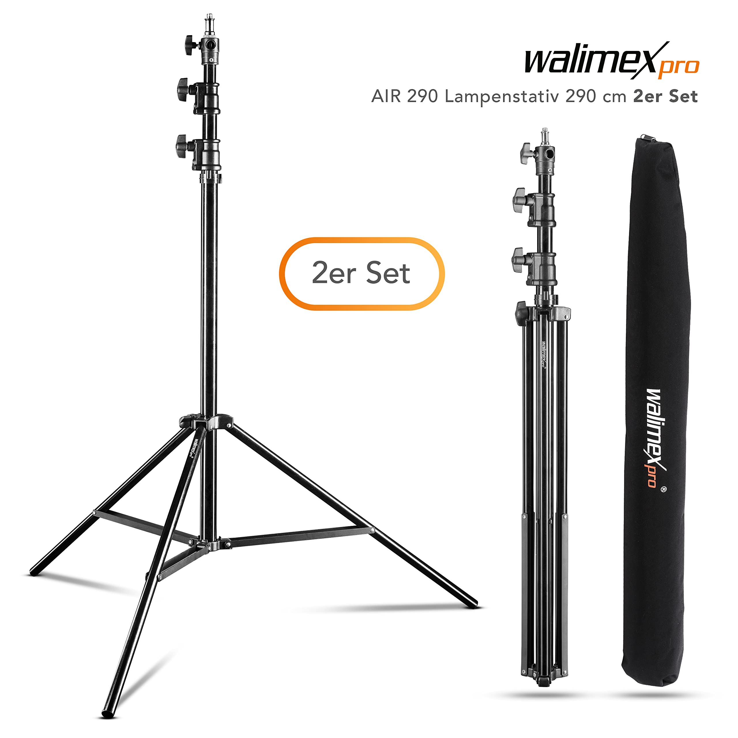 Walimex pro AIR 290 Deluxe Set 2 trípodes de lámparas altura máx. 290 cm soporte luz suspensión neumática base de flash soporta hasta 7 kg pie apoyo en aluminio tripod estudio fotográfico y exteriores