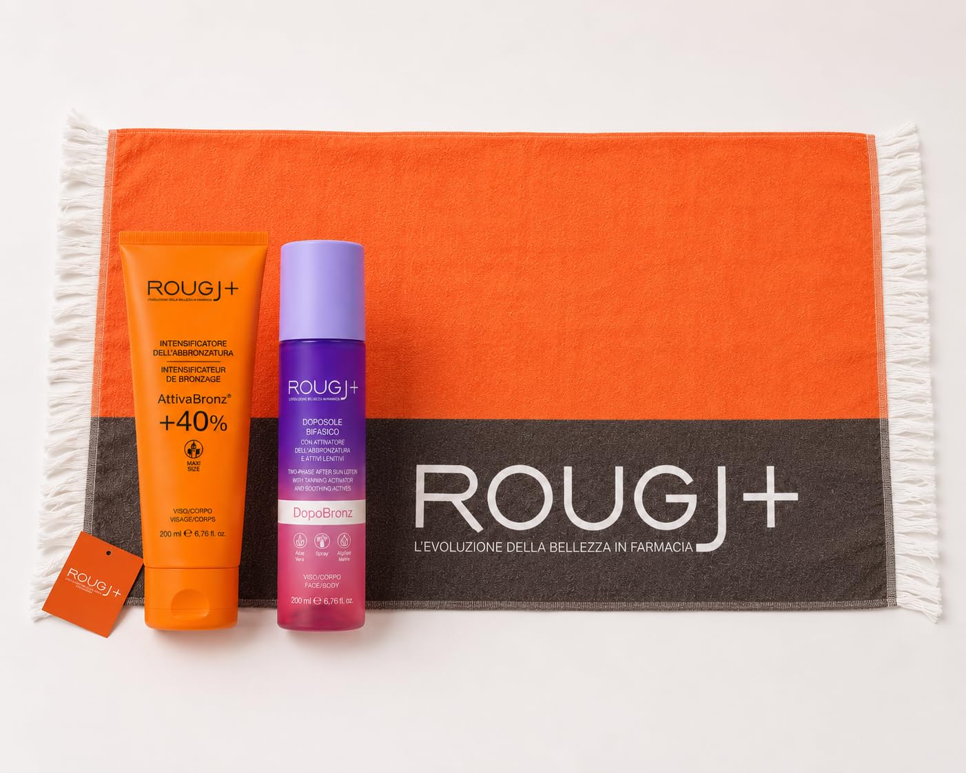 ROUGJ Kit abbronzante corpo AttivaBronz 200 ml con doposole bifasico prolungatore abbronzatura e telo mare - effetto glow crema abbronzante carrotene - Abbronzatura più intensa fino +40% | Effetto Glow, Crema Abbronzante Carrotene, Bifasico Prolungatore A