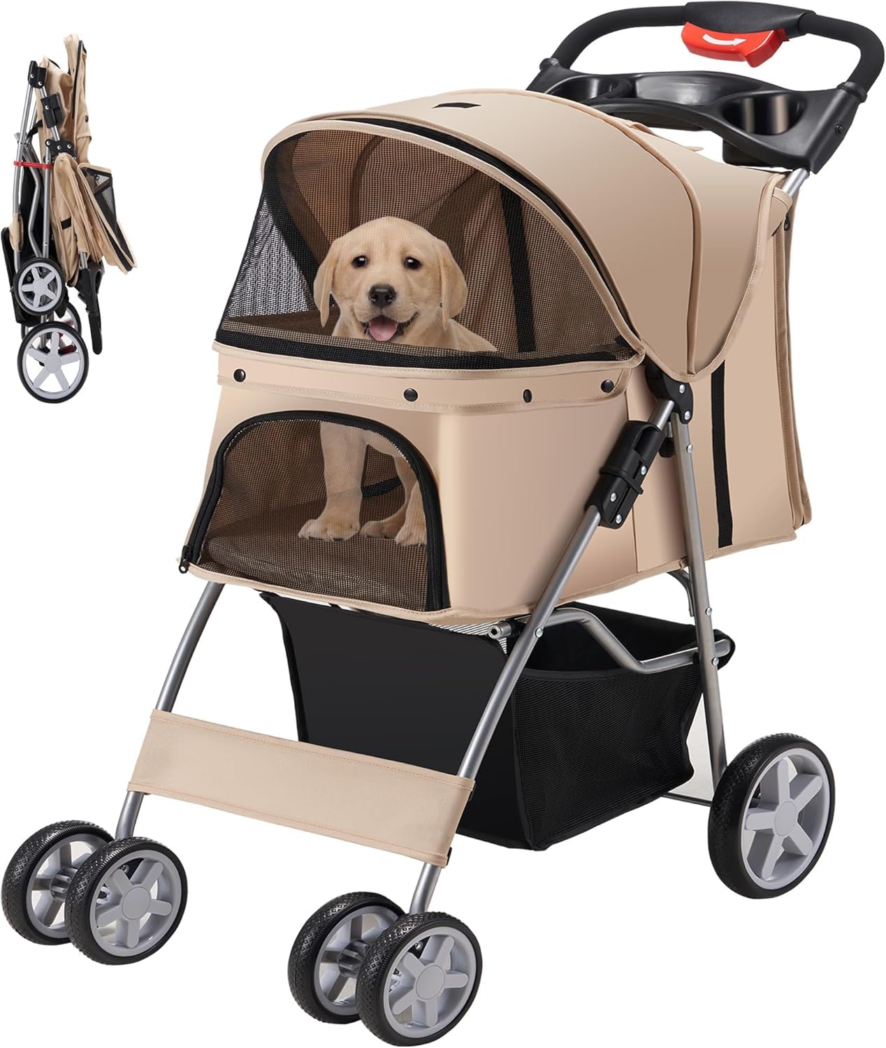 Emily Pets Pet Stroller for Dogs, Cats & Small Animals 4-Wheel Foldable Carrier with Sunshade, Mesh Windows, Cup Holder Portable Travel Stroller for Jogging, Walking – Up to 30 lbs Khaki-image-32