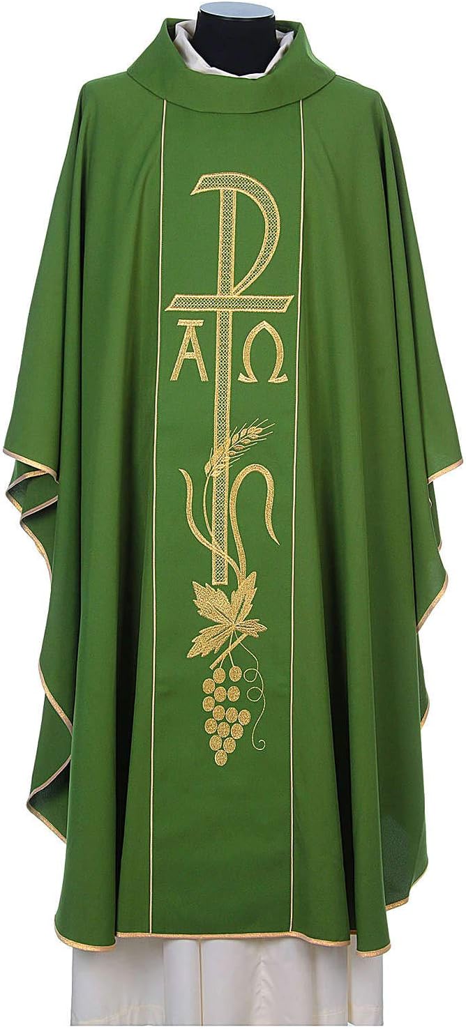 Priest Chasuble with Chi-Rho, Alpha Omega Embroidery 80% Polyester 20% Wool, RedRed