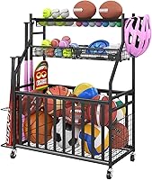 Jsskeeim Garage Sports Ball Organizer with Wheels, Bat Rack, Hooks & Basket - Rolling Toy Storage Cart, Black