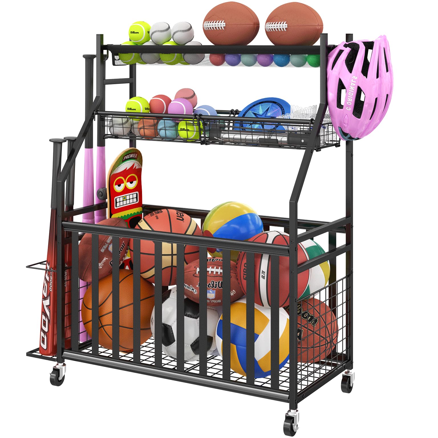 Garage Sports Equipment Organizer,Sports Ball Organizer with Wheels,Mesh Pocket, Basket,Ball Organizer with Baseball Bat Rack and HooksToy Storage Rolling Cart-Black