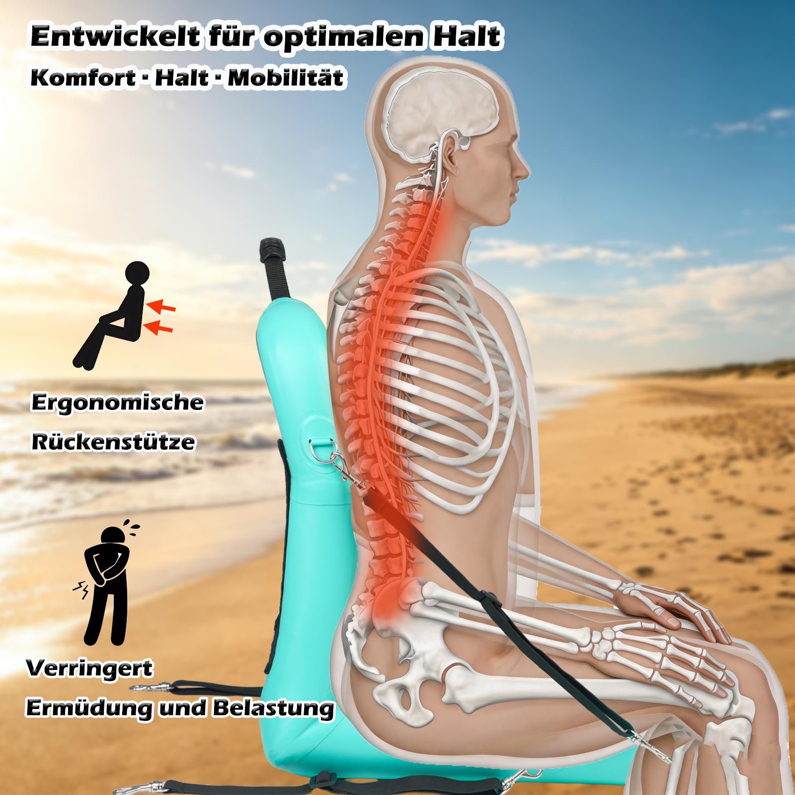 Aufblasbarer Kajaksitz mit Rückenstütze & Mesh-Aufbewahrungstasche – verstellbares Paddelboard-Sitzkissen für Erwachsene, tragbarer Blow-Up-Sitz für SUP, Raft, Kanu, Anglerboot (Grün)