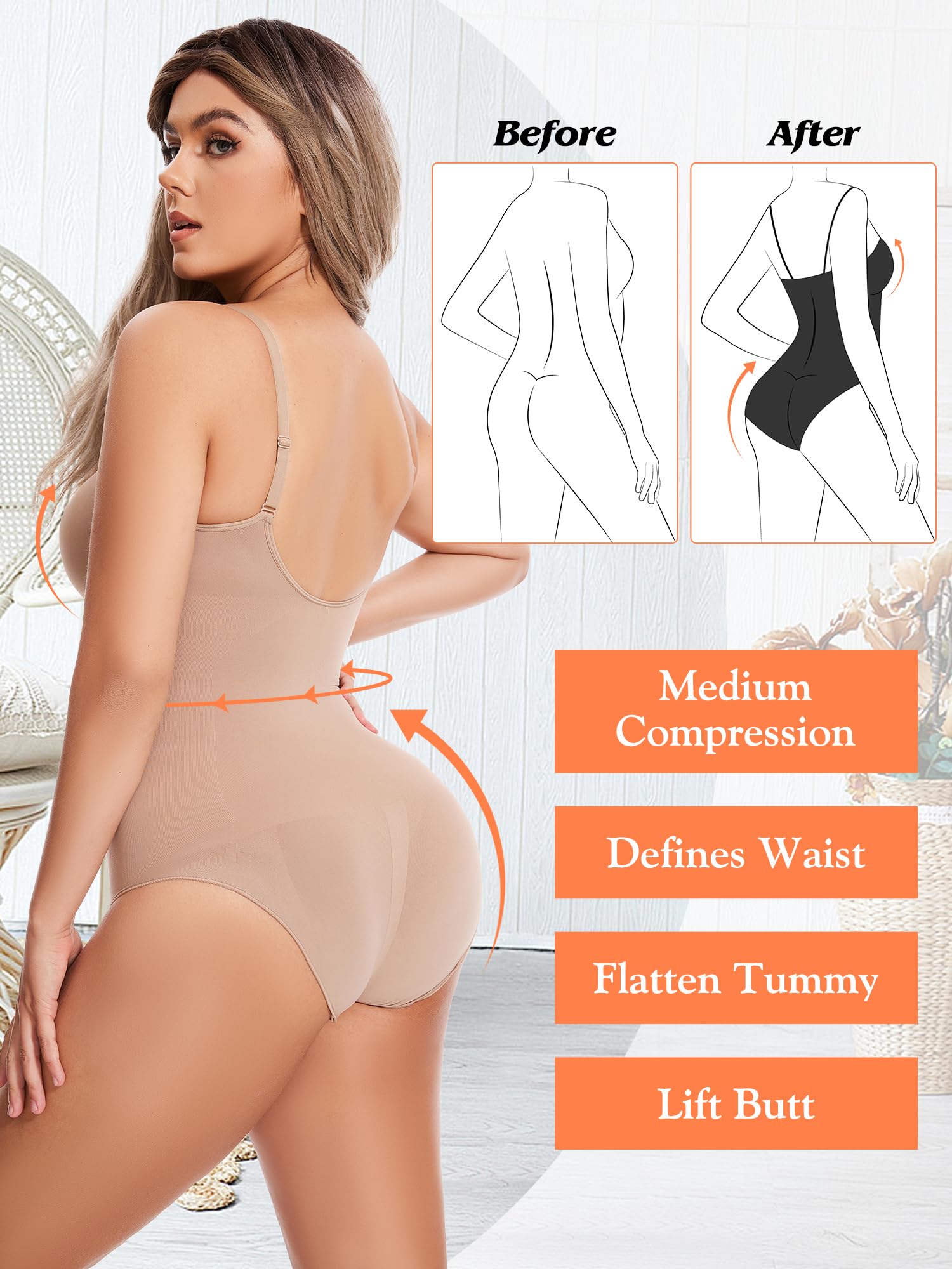 Atbuty Body de muslo medio, moldeador de cuerpo completo, torso corto para mujer, control de abdomen, esculpido sin costuras, moldeador de cuerpo pequeño