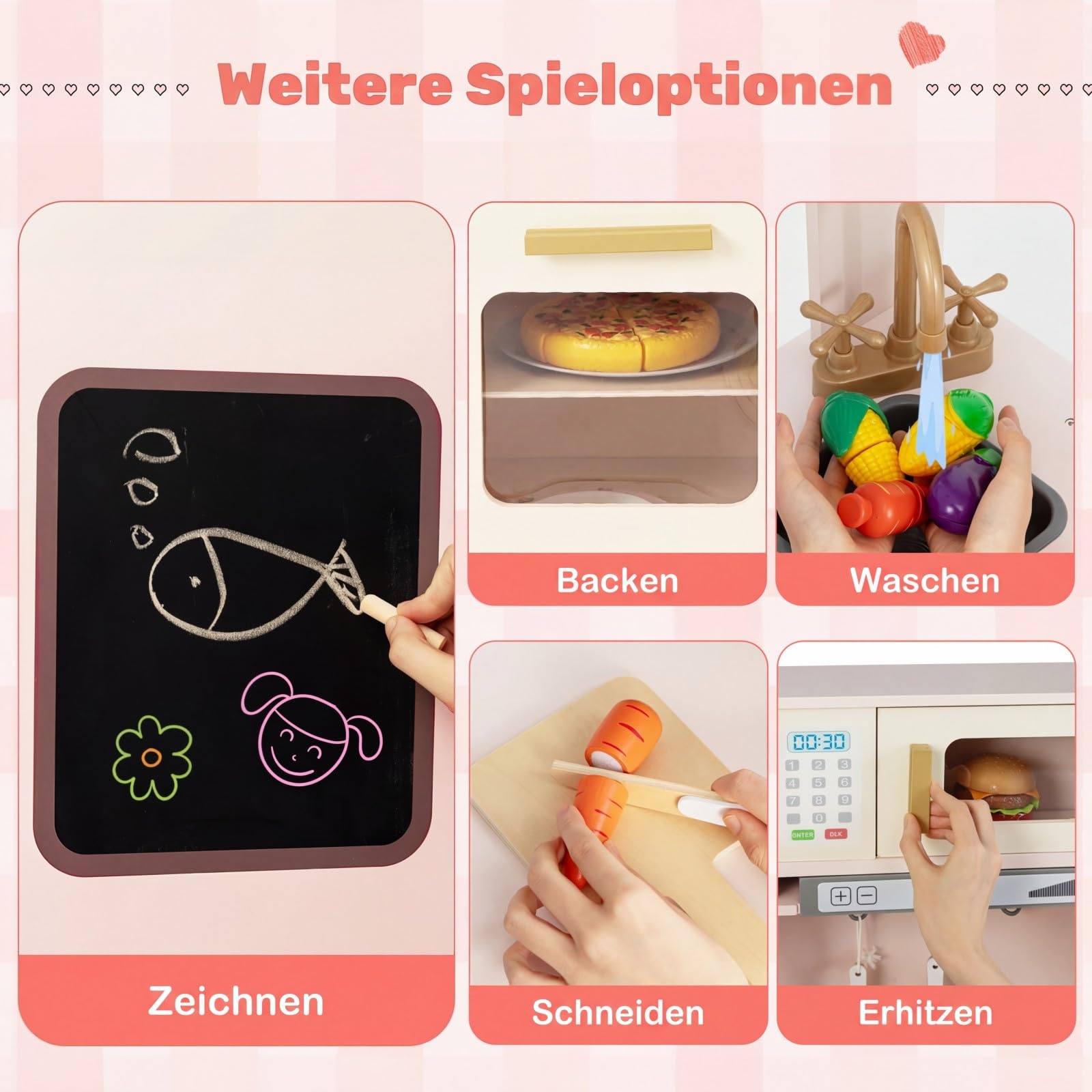 COSTWAY Kinderküche mit Licht und Sound, Eck-Spielküche Holz mit Mülleimer, Doppeltür-Kühlschrank, Spüle, Waschmaschine, Mikrowelle & 22 Zubehörteilen, Holzküche für Kinder ab 3 Jahren (Rosa)