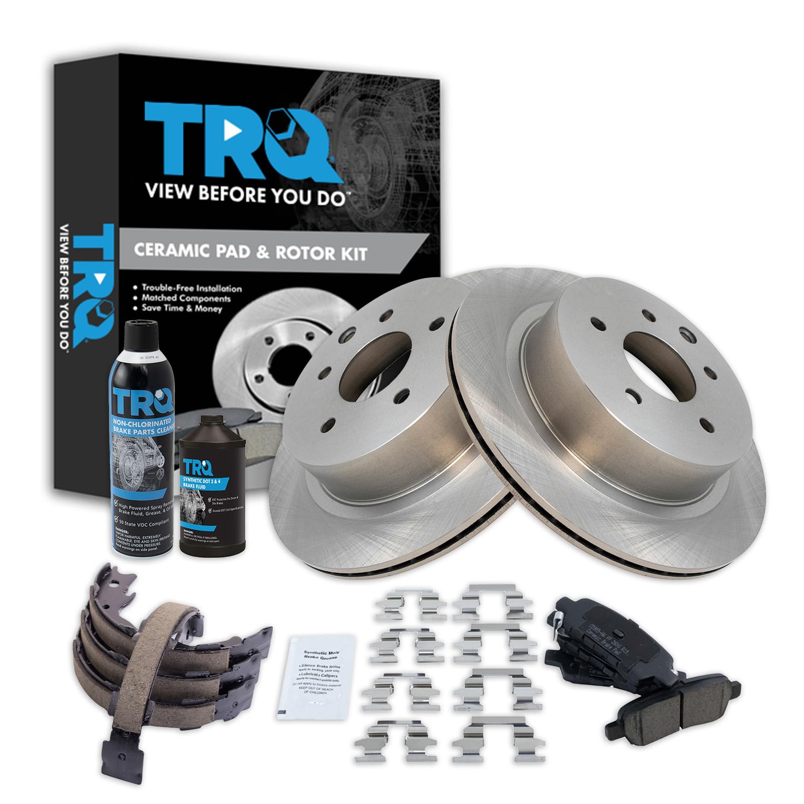 TRQ Rear Brake Pad &amp; Rotor Kit, with Chemical Kit Parking Brake Shoe Set Ceramic Compatible with 2011-2022 Nissan Leaf 2008-2013 Rogue 2014-2015 Rogue Select