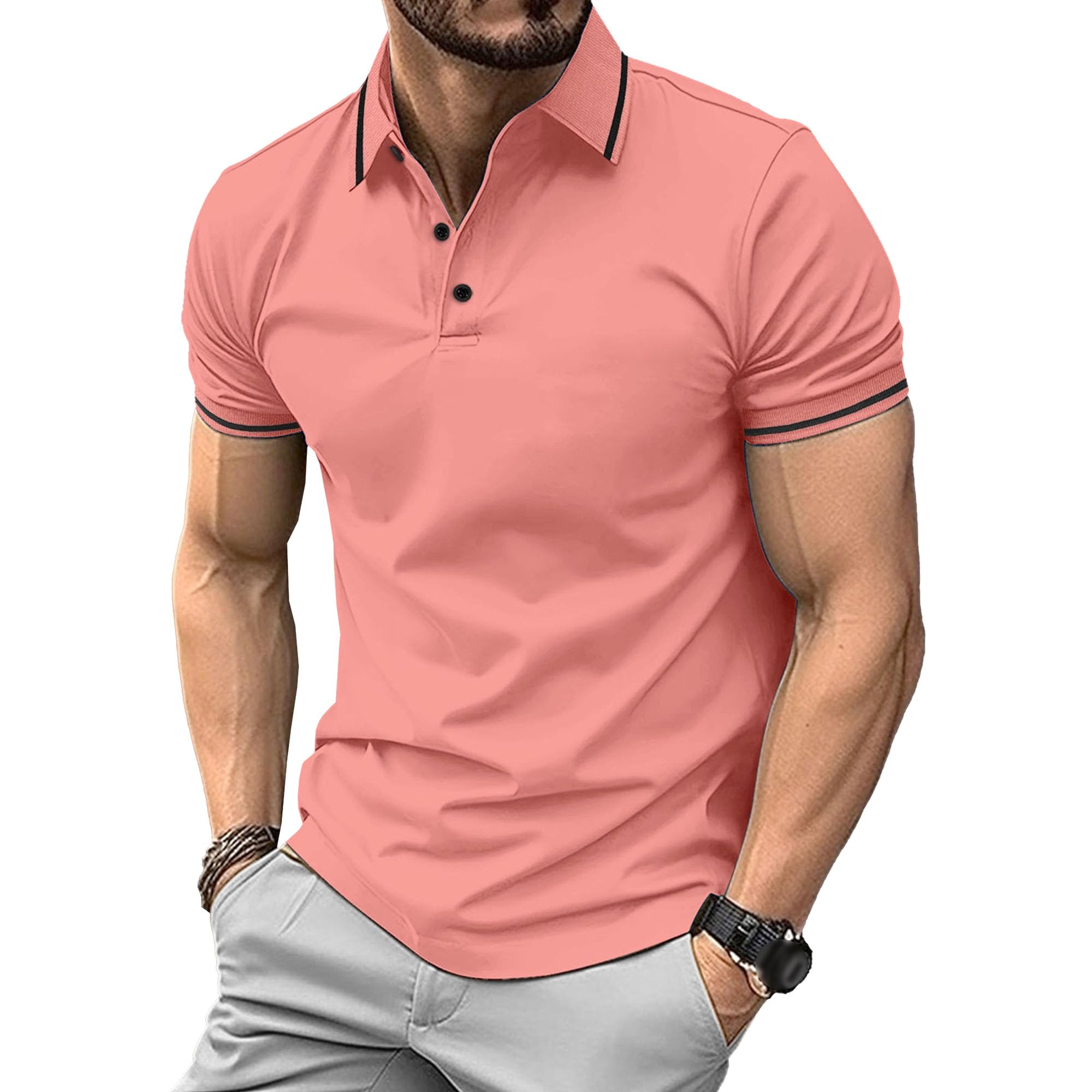 Men Quarter Button Rib Street Shirts Classic Henry Neck Sports Polo Shirt Summer Slim Exercise Training Pullover (Light Red,Medium)