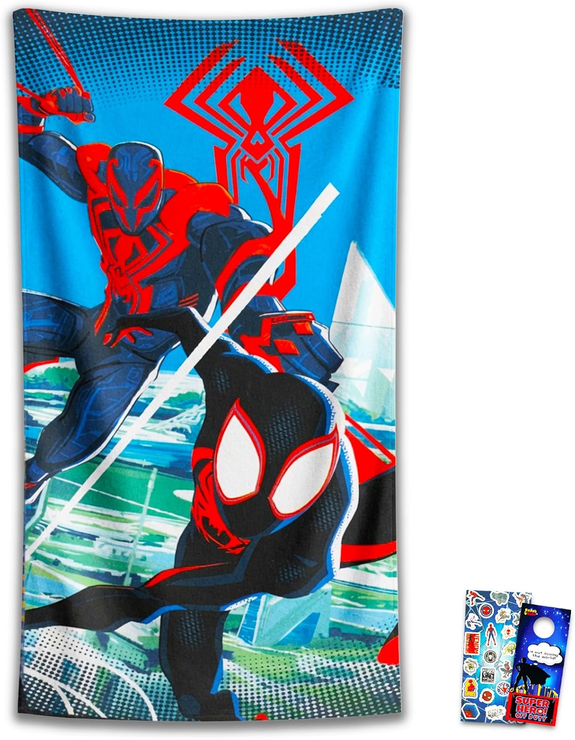 Marvel Spiderman Towel Set - Bundle with 27x54 Miles Morales Towel, Stickers and More | Spiderverse Superhero Pool and Bathroom Kit