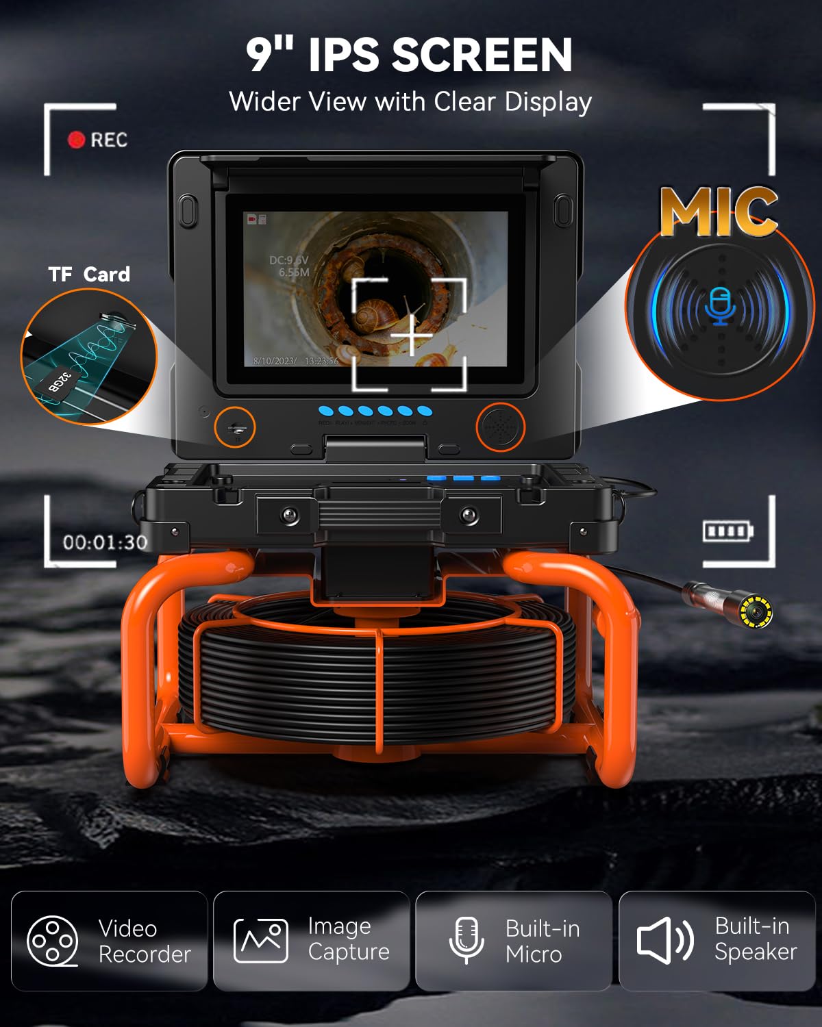 Telecamera Ispezione Tubazioni con Schermo IPS 9'', Camera Fognature Autolivellante con Contatore Distanza, HD 1080P Endoscopio per Tubi con Registrazione Video e Audio, 32 GB (9''-23MM/100FT)
