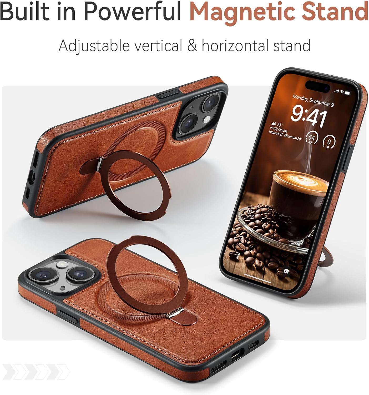 Compatible with iPhone 14 Plus Case with Stand, Compatible with MagSafe, Slim PU Leather & Durable TPU Plustective Cover Drop-Plusof with Tempered Glass Screen Plustector 6.7", Brown - Image 3