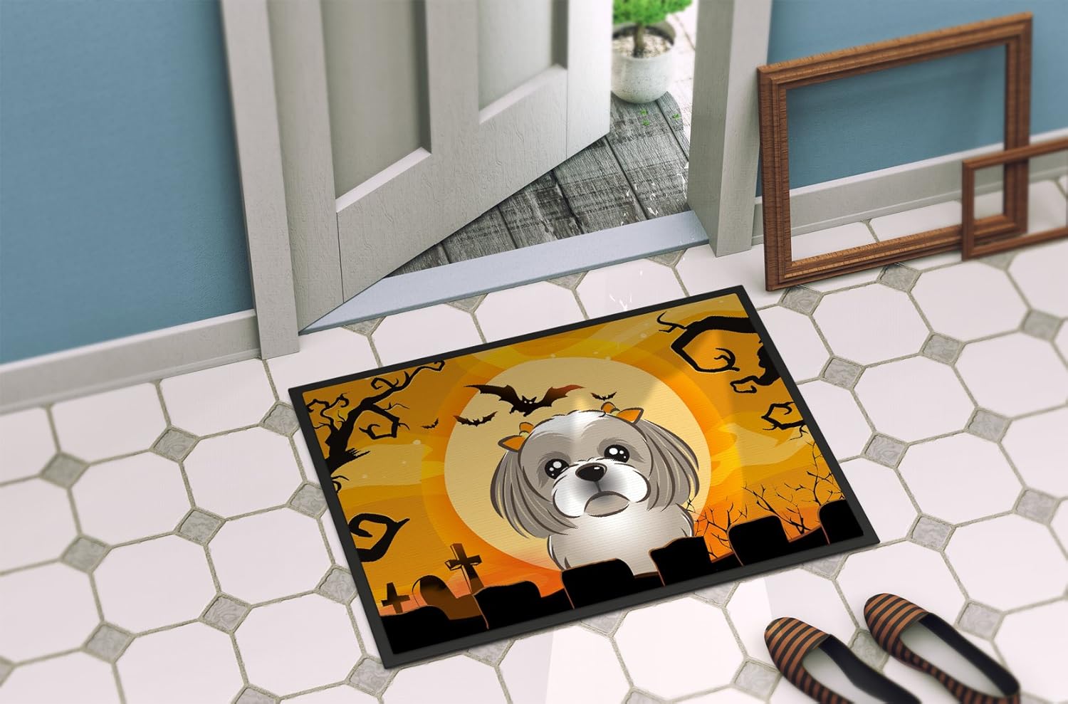 Caroline's Treasures BB1808JMAT Halloween Gray Silver Shih Tzu Doormat 24x36 Front Door Mat Indoor Outdoor Rugs for Entryway, Non Slip Washable Low Pile, 24H X 36W