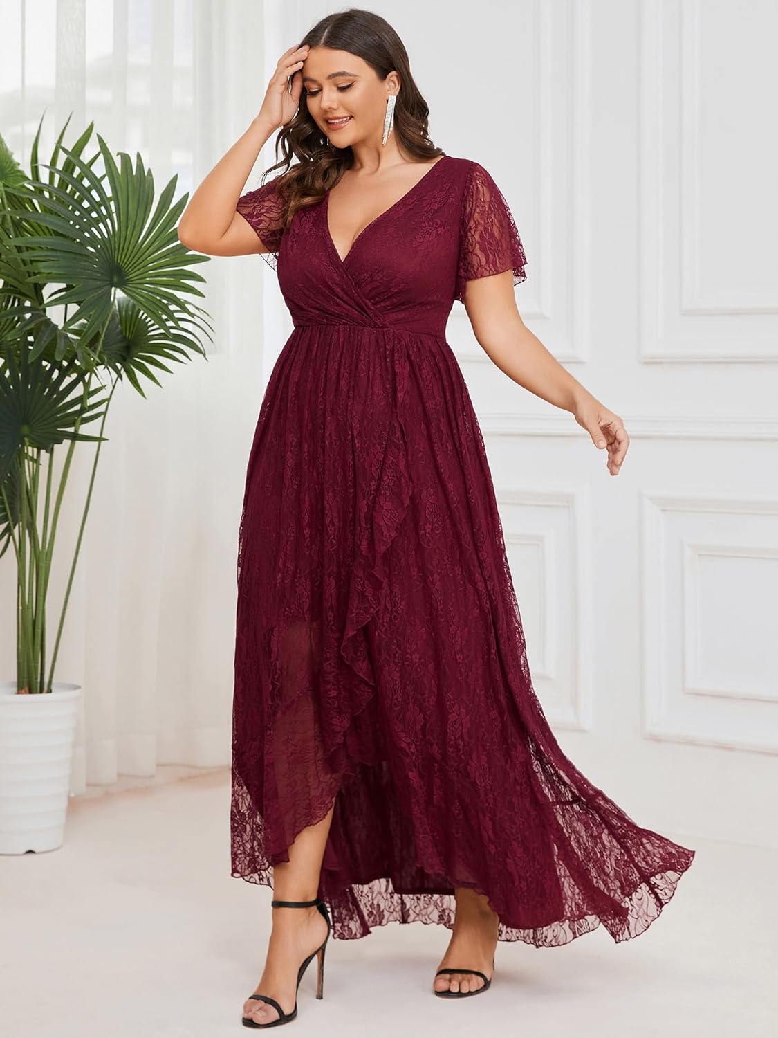 Ever-Pretty Women's V Neck Ruffles Sleeves High Low Lace Plus Size Summer Cocktail Party Wedding Guest Dresses 01489-DAPH
