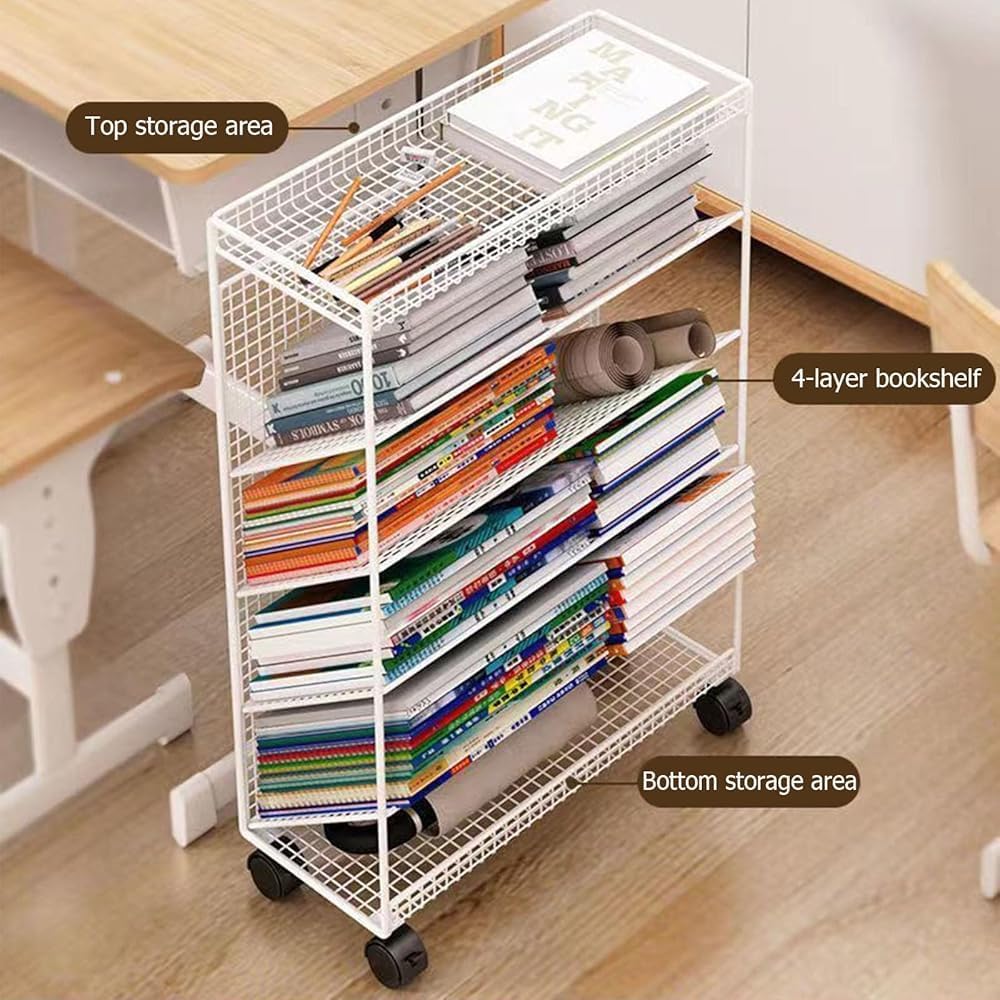 5/6 Tier Rolling Book Cart with Wheels - Mobile Bookshelf & File for Classroom Dorm Living Room & Study - Space-Saving Storage(White-15.54 * 6.69 * 21.06in)