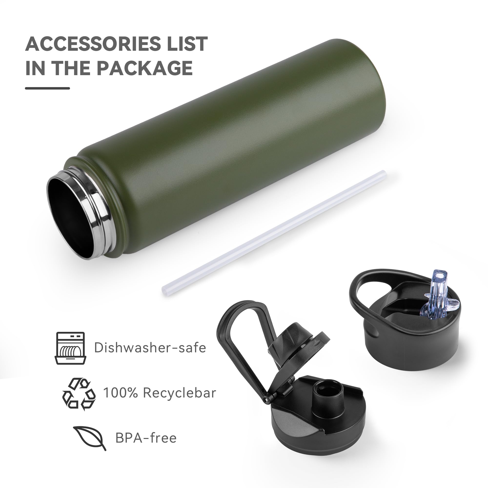 UMBFUN Insulated Water Bottle, 750ml 2 Lids (Straw Lid and Spout Lid) - Image 3