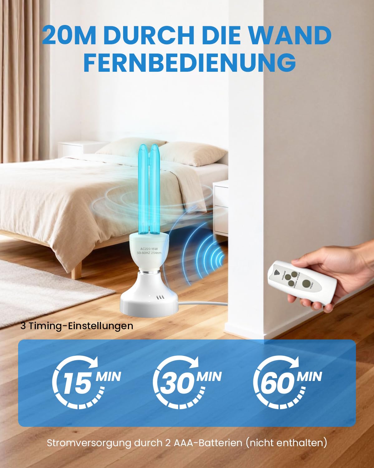 15W Lampe Desinfektion Ozon Licht mit Fernbedienung Timer Keimtötende Lampe Duale Sterilisation und Desinfektion AC220-240V Perfekt für Küche, Schlafzimmer, Wohnzimmer, Beseitigt Keime