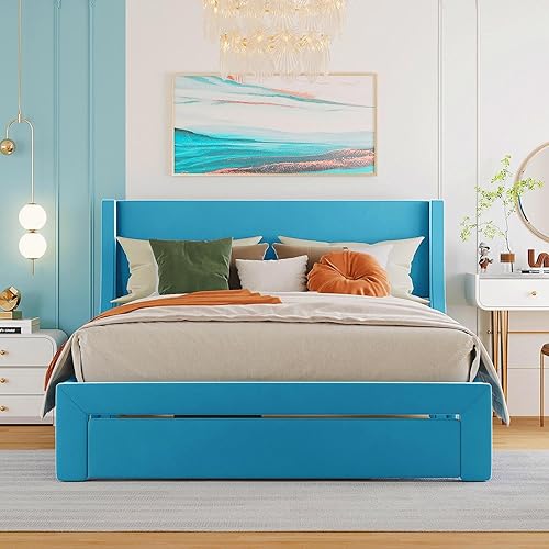 Anwick Base de cama de terciopelo tamaño Queen con cajón de almacenamiento, cama moderna tapizada con cabecera y soporte de listones de madera
