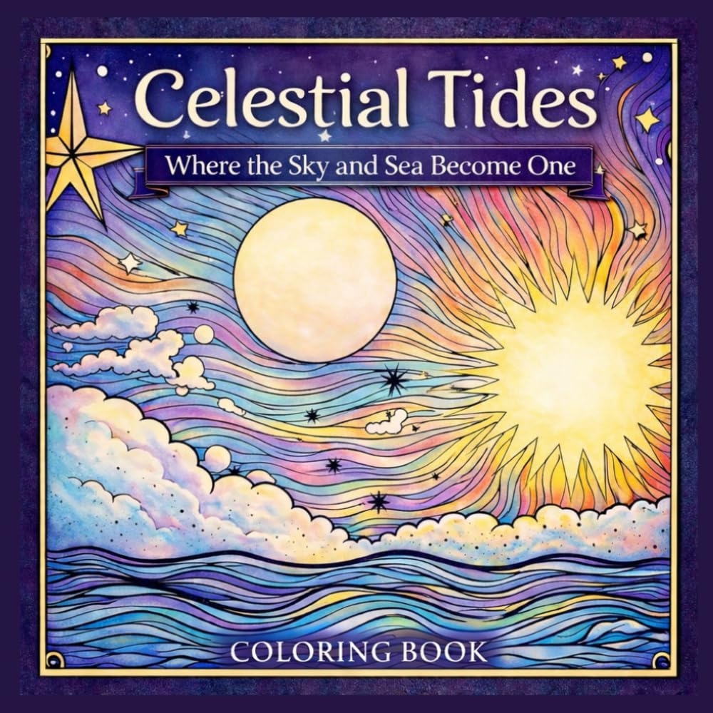 Celestial Tides: Where the Sky and Sea Become One - A Relaxing Celestial and Ocean-Themed Coloring Book for Adults Featuring Cosmic Landscapes, Stars, Waves, and Dreamlike Horizons