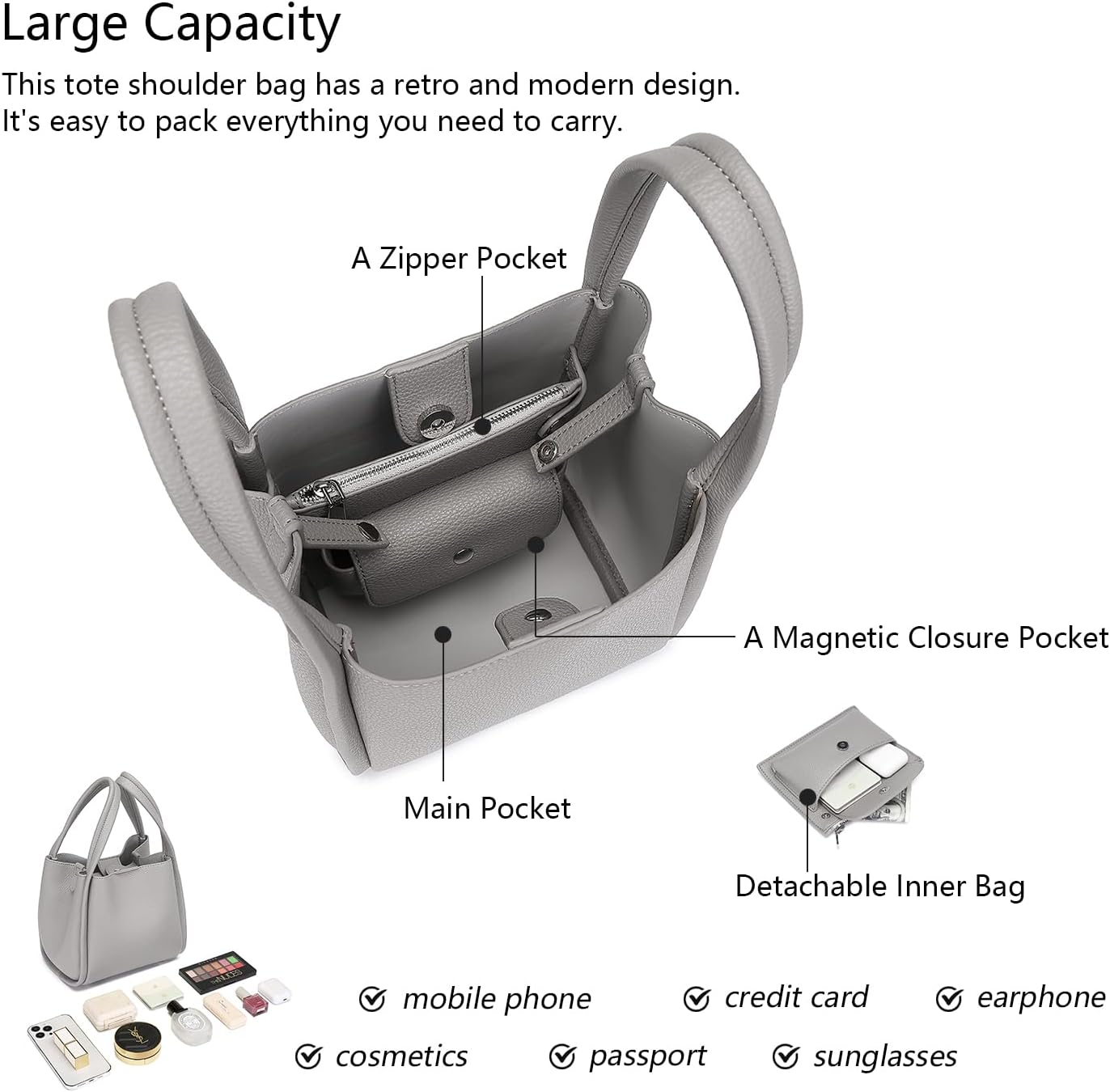 PU Leather Tote Bag Slouchy Handbag with Zipper Stylish for Women's - Image 6