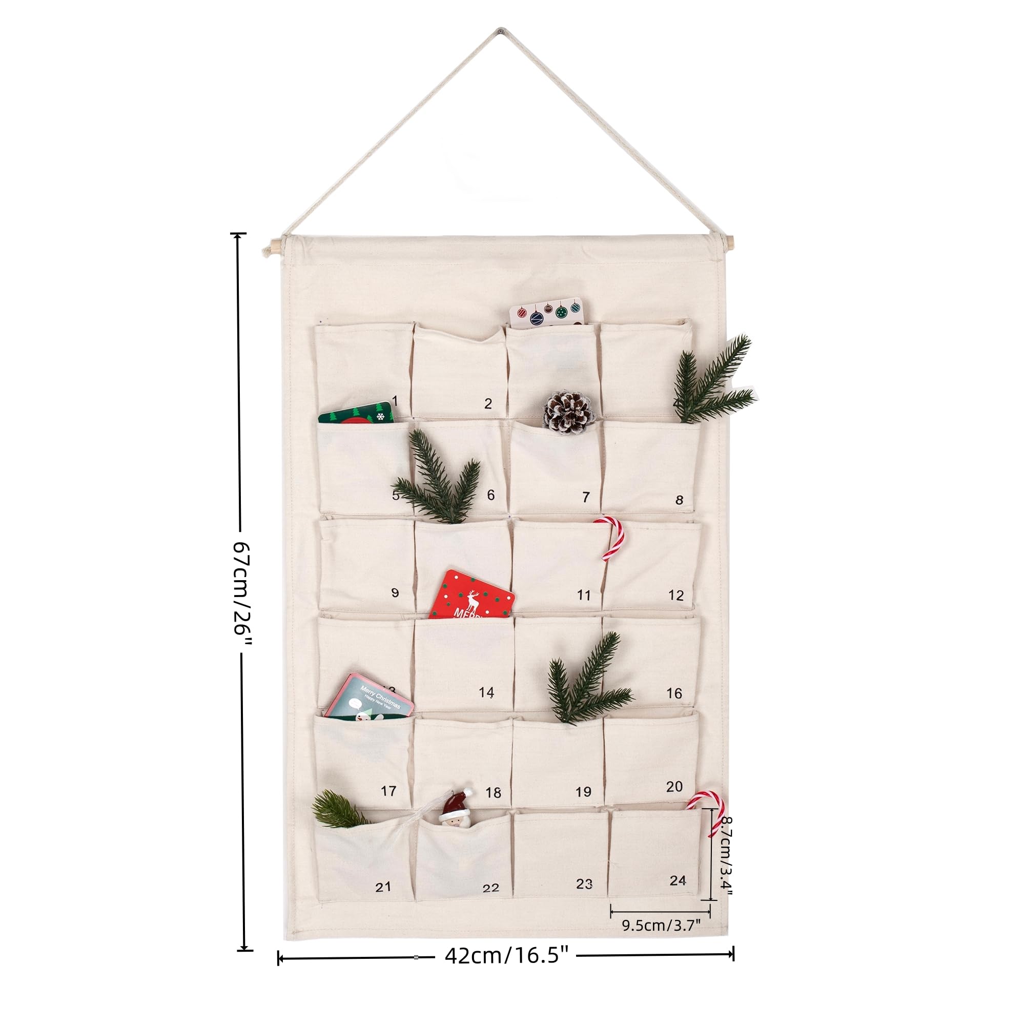 Calendario de Adviento de tela con 24 bolsillos numerados, 67 x 42 cm, calendario de pared colgante blanco para rellenar los adornos de Navidad