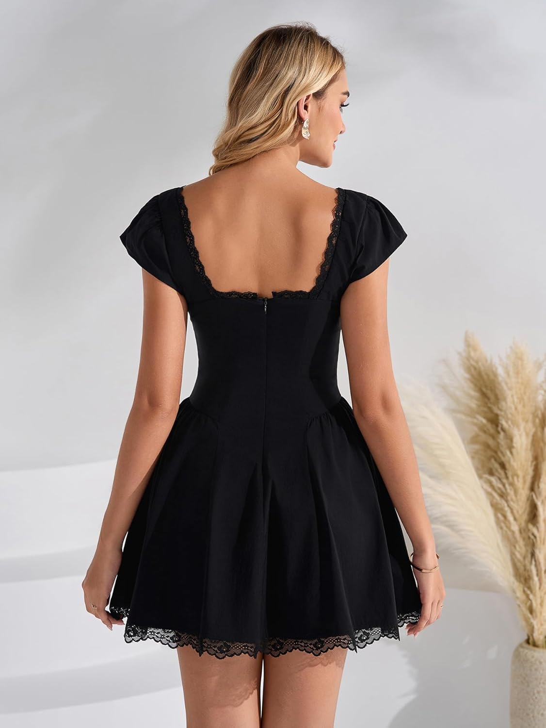 EYNMIN Lace Mini Dress Cap Sleeve Tie Front Square Neck A Line Cute Short Graduation Dresses for Women 2026 Summer