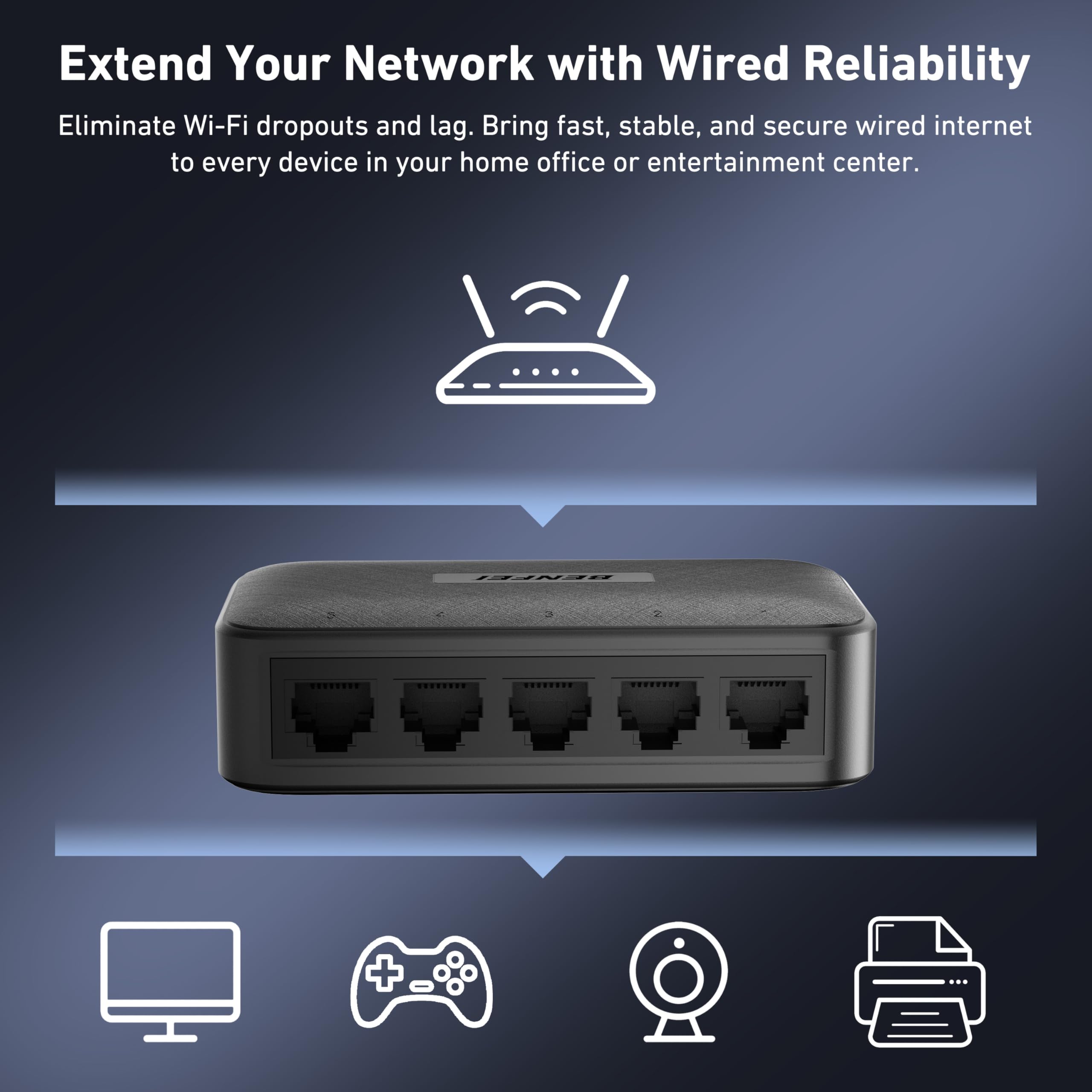 BENFEI 5-Port Gigabit Ethernet Switch, Wall Mount & Desktop Network Switch Hub, Ethernet Splitter, Plug & Play, Unmanaged, Compact, with LED, Fanless Quiet (for Router, NAS, Laptop, Gaming) - 2