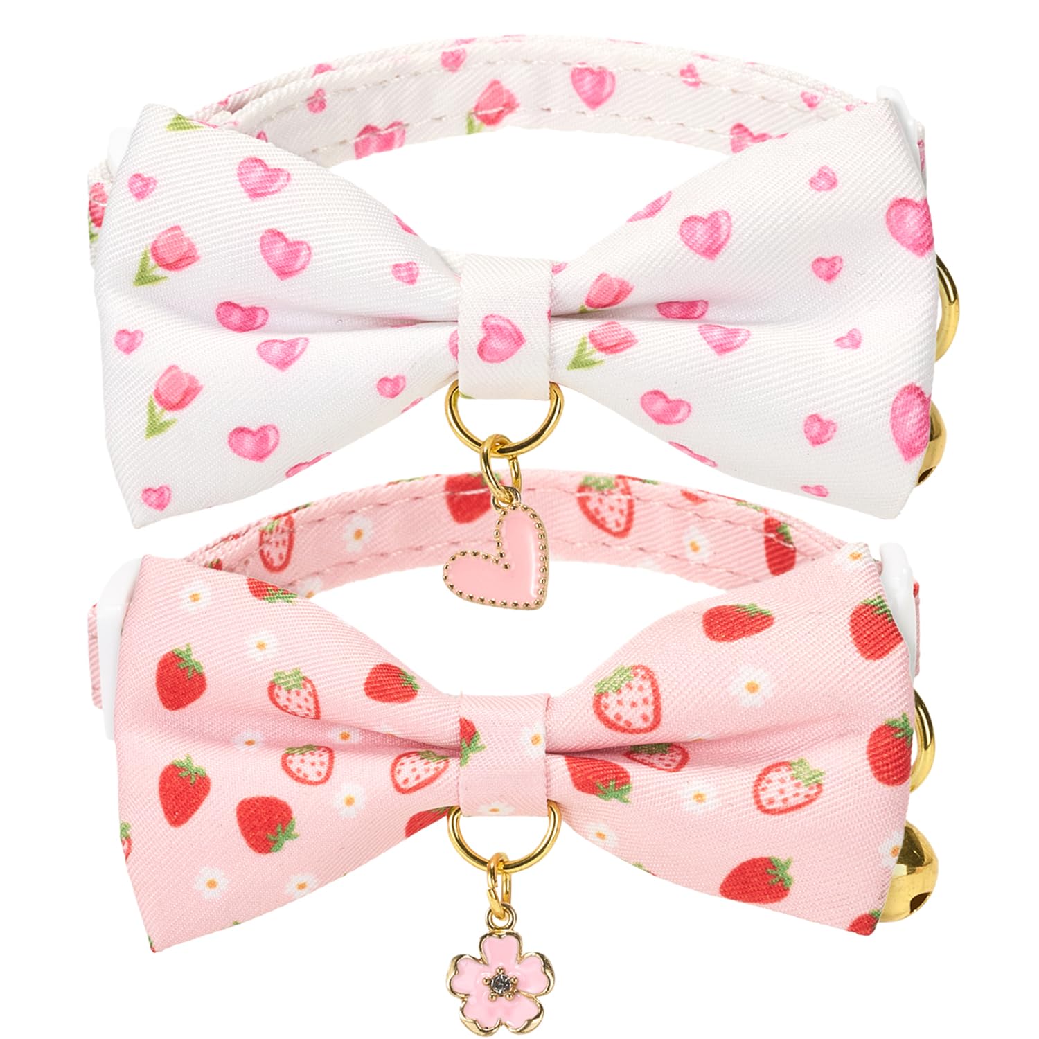 YUDOTE 2 Pack Pet Collar with Bow Tie & Charm - Heart Pattern/Tulip & Strawberry, Adjustable Breakaway Safety Collar for Cats/Kittens & Small Dogs/Puppies, Pink & White Cute Design — image 1