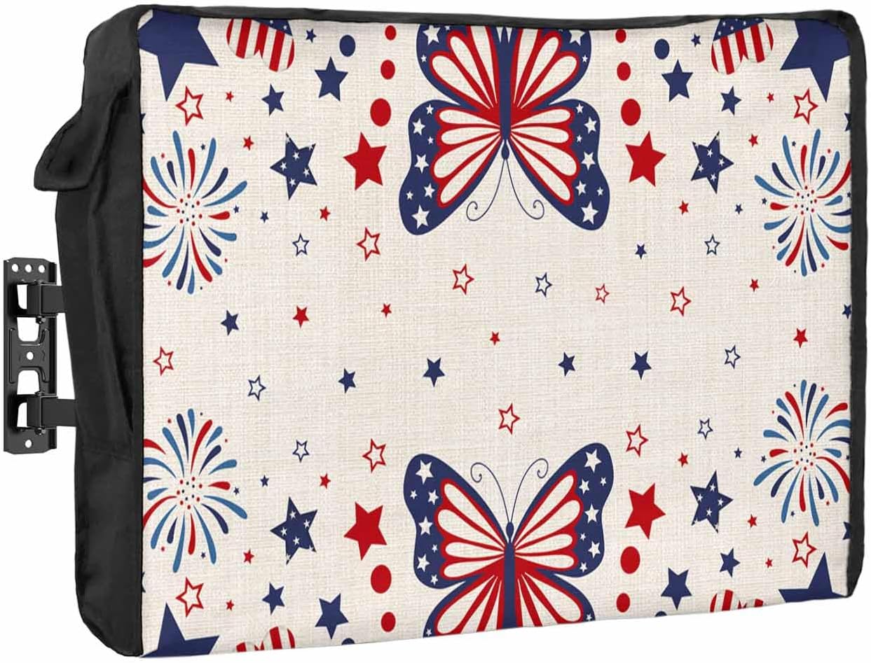 4th of July Outdoor TV Cover 75 Inch Stars Butterfly Firework TV Enclosure Independence Day American Flag TV Covers for Outside TV Display Screen Protector with Remote Control Pocket
