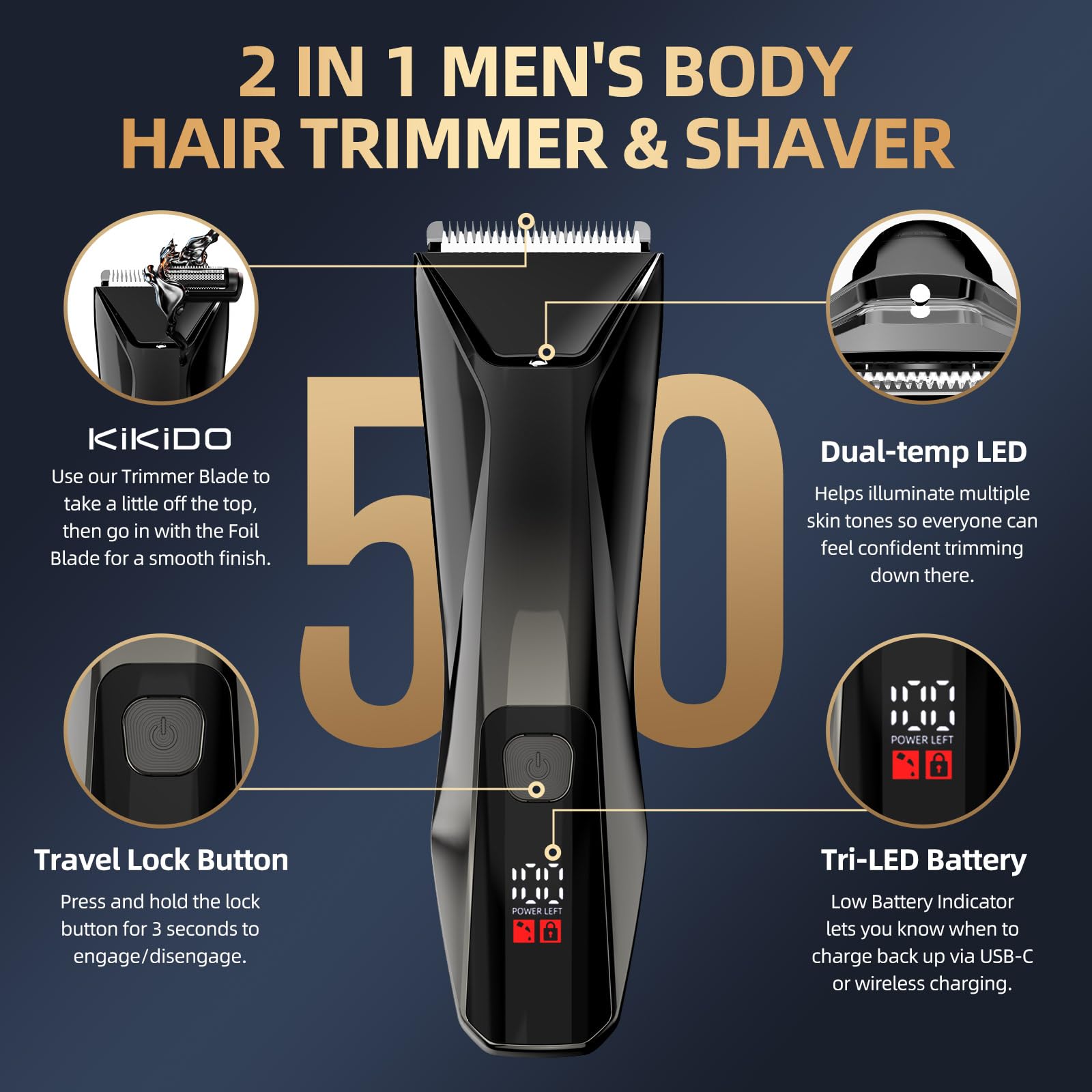 KIKIDO 2-in-1 Body Hair Trimmer for Men, Waterproof Wet/Dry Groomer
