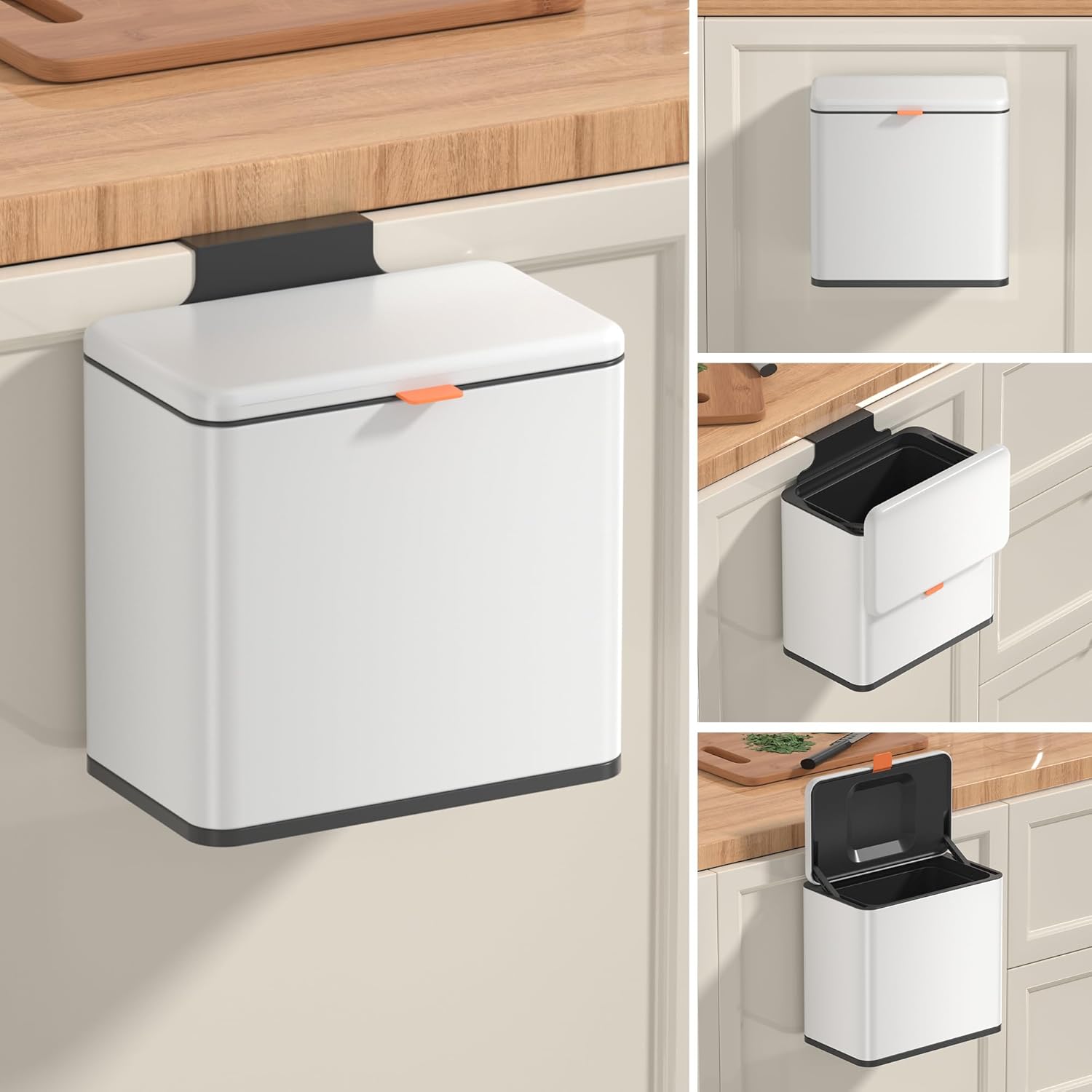 Mbillion Kitchen Compost Bin Hanging Trash Can with Lid 1.05 Gallon Stainless Steel Garbage Can for Kitchen Cabinet Door Mounted Trash Can Under Sink Door RV Bathroom,White White 1.05 Gal/4L