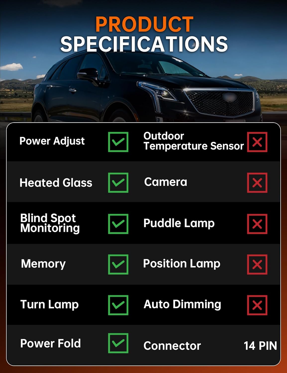 Passenger Side View Door Mirror Fit for 2016 2017 2018 2019 2020 Cadillac XT5, Rearview Mirror Heated with Turn Signal, Memory, With Blind Spot & Line, Powered Adjustment & Folding(14 pins)