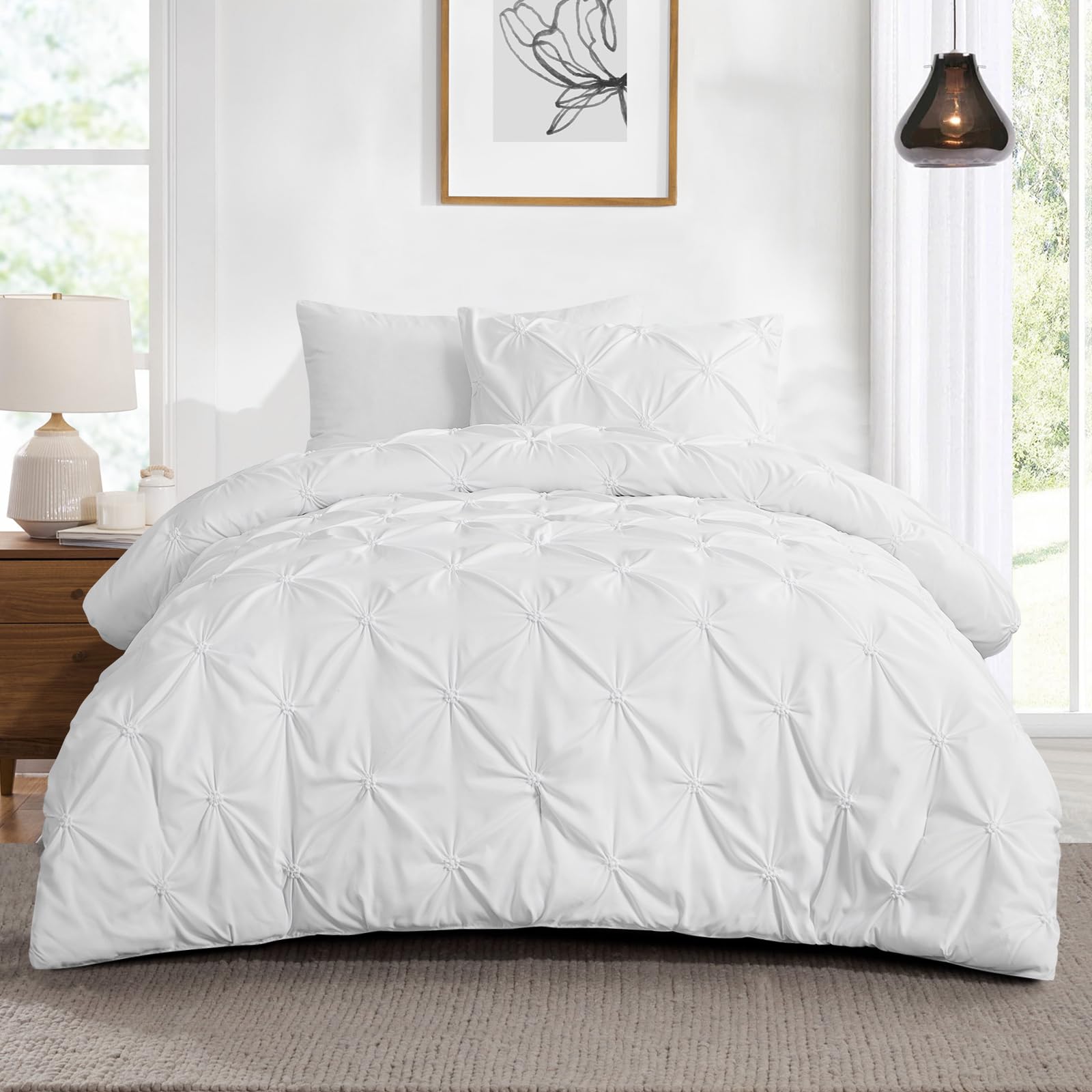 Aisbo Comforter Set, Twin - White Pintuck 2-Pieces Down Alternative, All Season, Soft & Lightweight, Includes 1 Pillow Shams