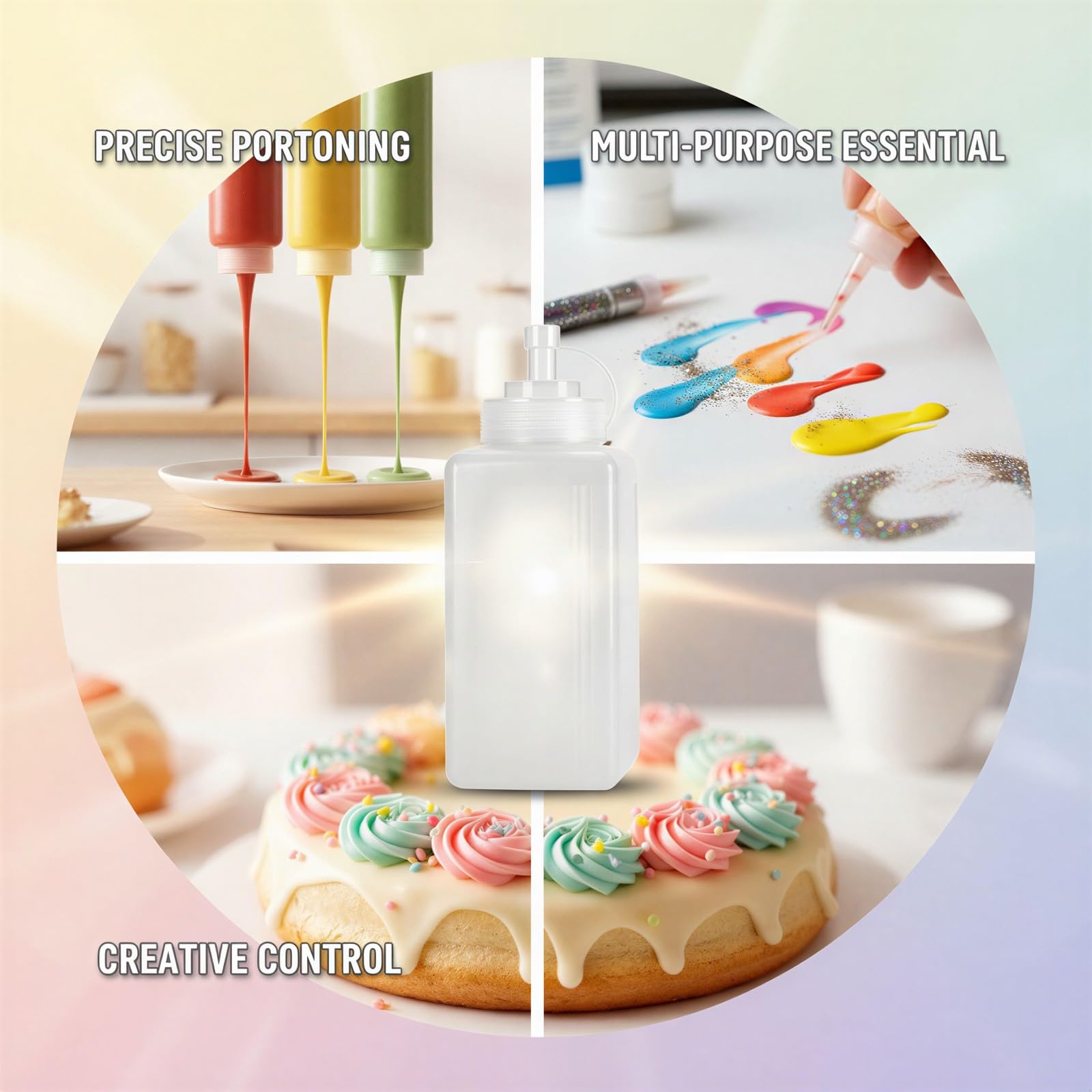 4 Stk. Quetschflaschen, transparent, aus verdicktem Kunststoff, mit Spitzdüse und Deckel, Öffnung zum Befüllen und Reinigen, für Soße, Sirup, Ketchup, Honig, Öl, Farbe