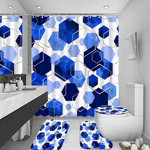 Miniatura 3 de Juego de cortinas de baño azules, 4 piezas de cortina de ducha geométrica de arte moderno con 12 ganchos, impermeable, opaca, 70.8 pies de largo x