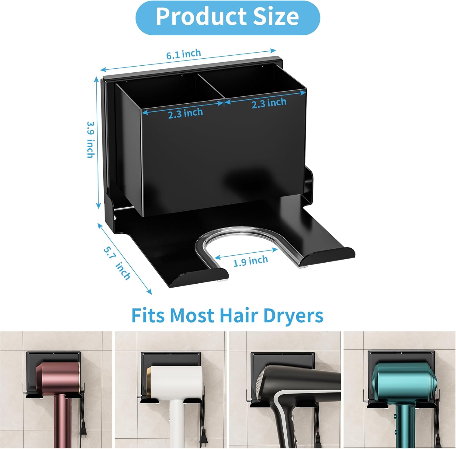 hair dryer holder wall mounted, metal hair dryer holder for bathroom, blow dryer holder with plug cord organizer, self adhesive or screw hair tool organizer for bathroom, makeup room, black