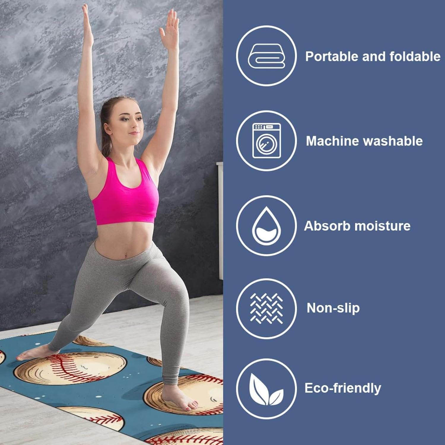 Yoga Towel, Baseball Pattern Non Slip Sweat Absorbent Hot Yoga Mat Towel for Hot Yoga, Pilates and Fitness - 72.8" x 26.8"