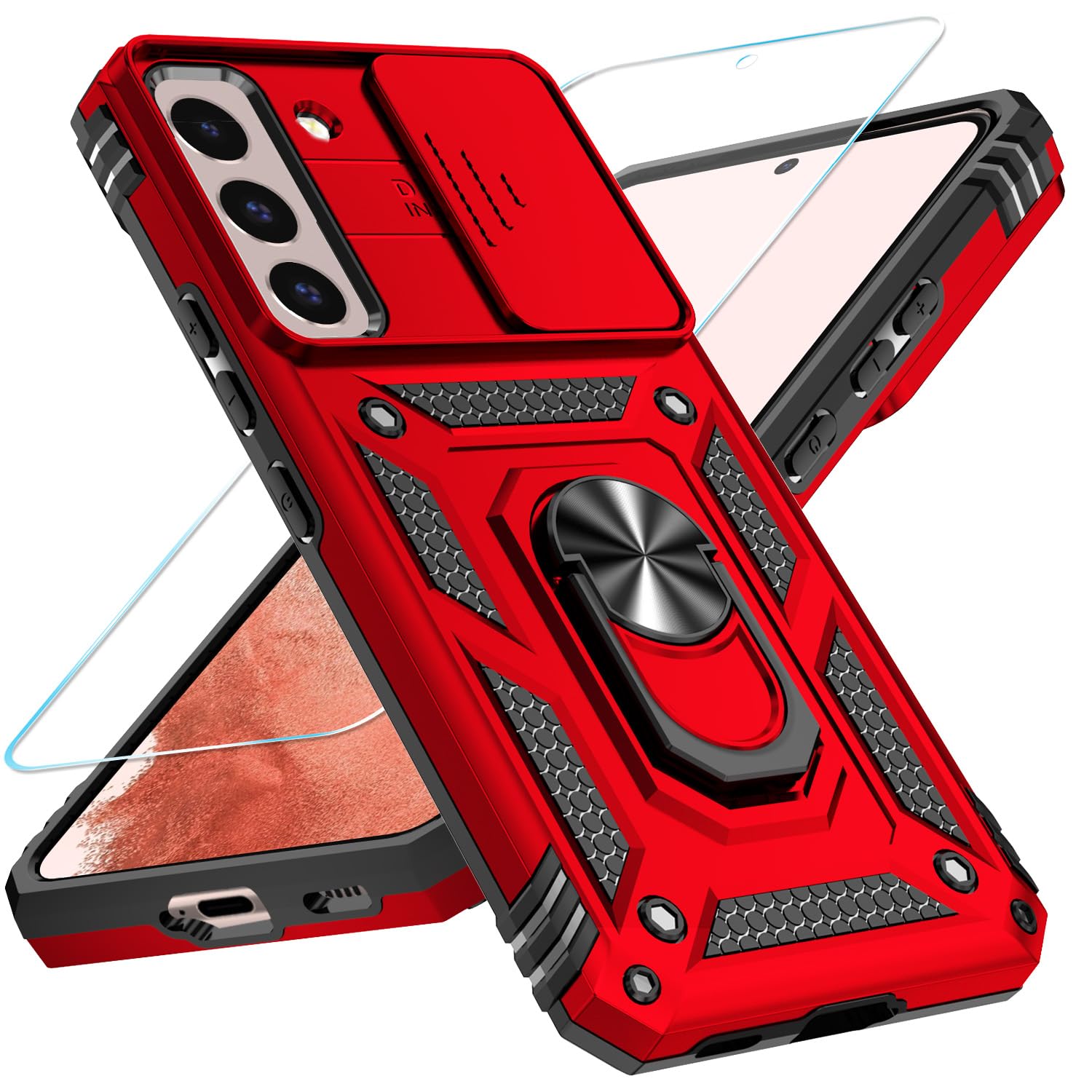 SunStory Phone Case for Samsung Galaxy S22 Plus 5G Case with HD Screen Protector & Slide Camera Cover & Rotated Ring Kickstand, [Military-Grade] [2 in 1] Phone Case for Galaxy S22 Plus 6.6",Red