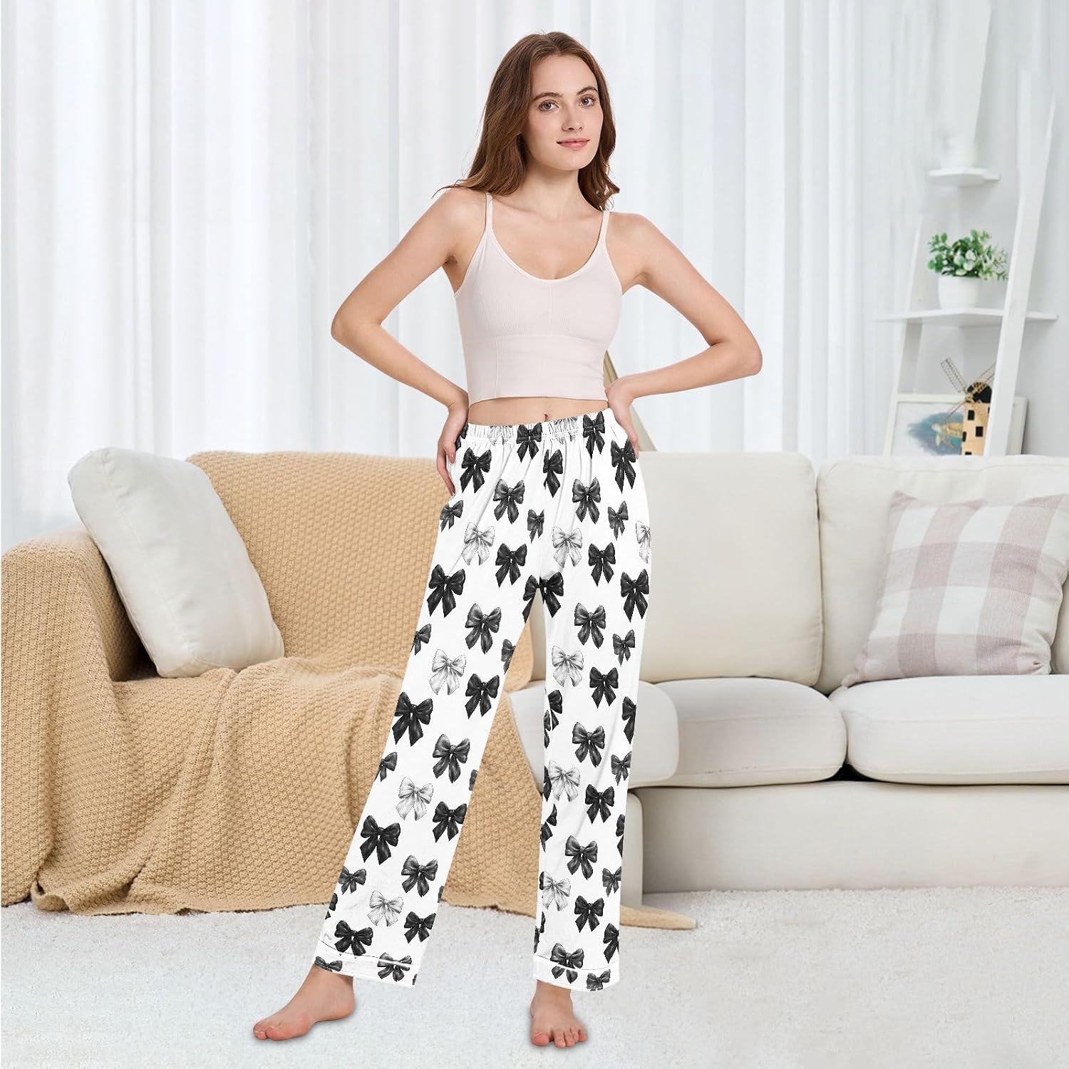 Black and White Bow Pajama Pants Women Lounge Pants for Women Pj Bottoms with Pocket S-XXL