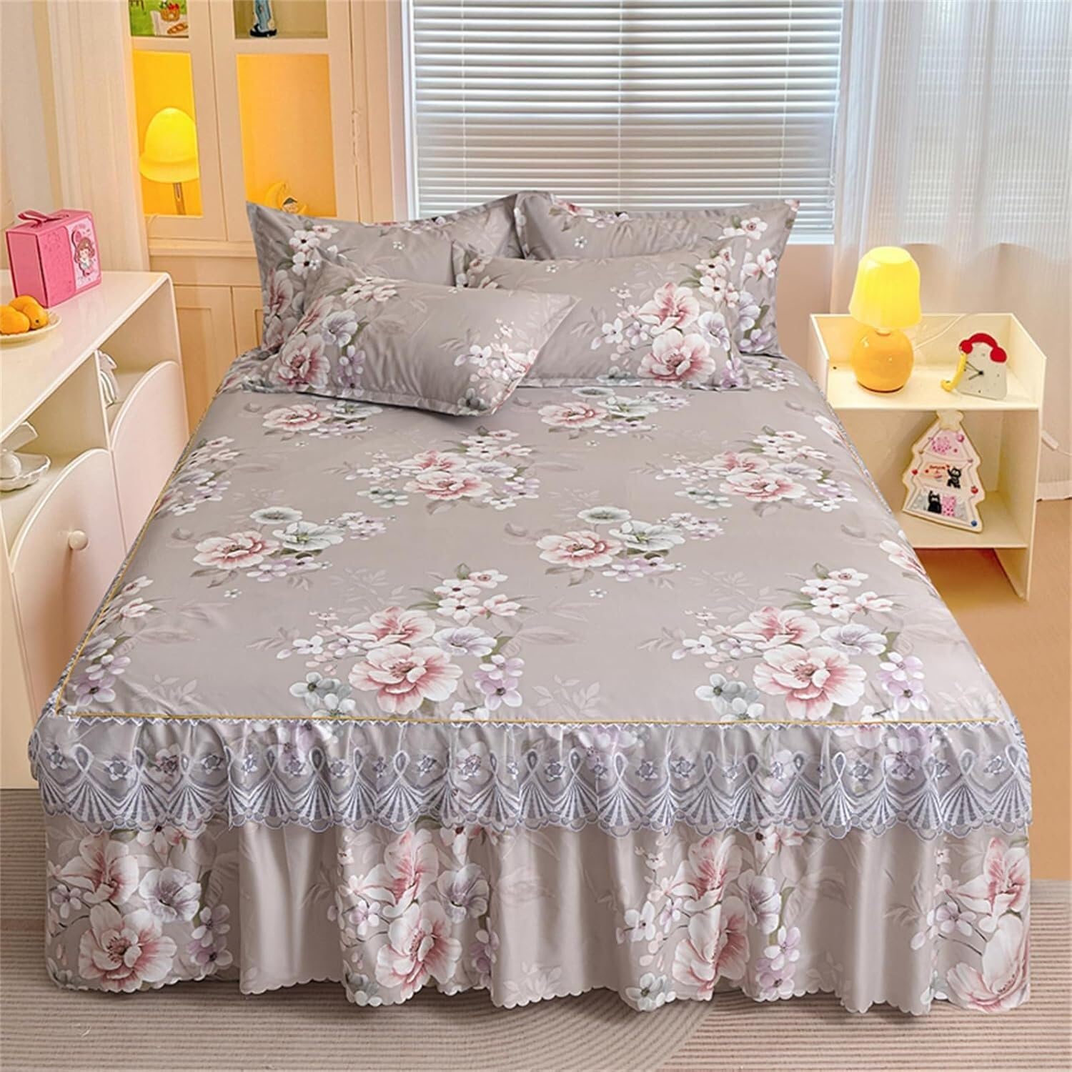 Parure de lit motif floral 150x200cm jupe à volants et dentelle kaki