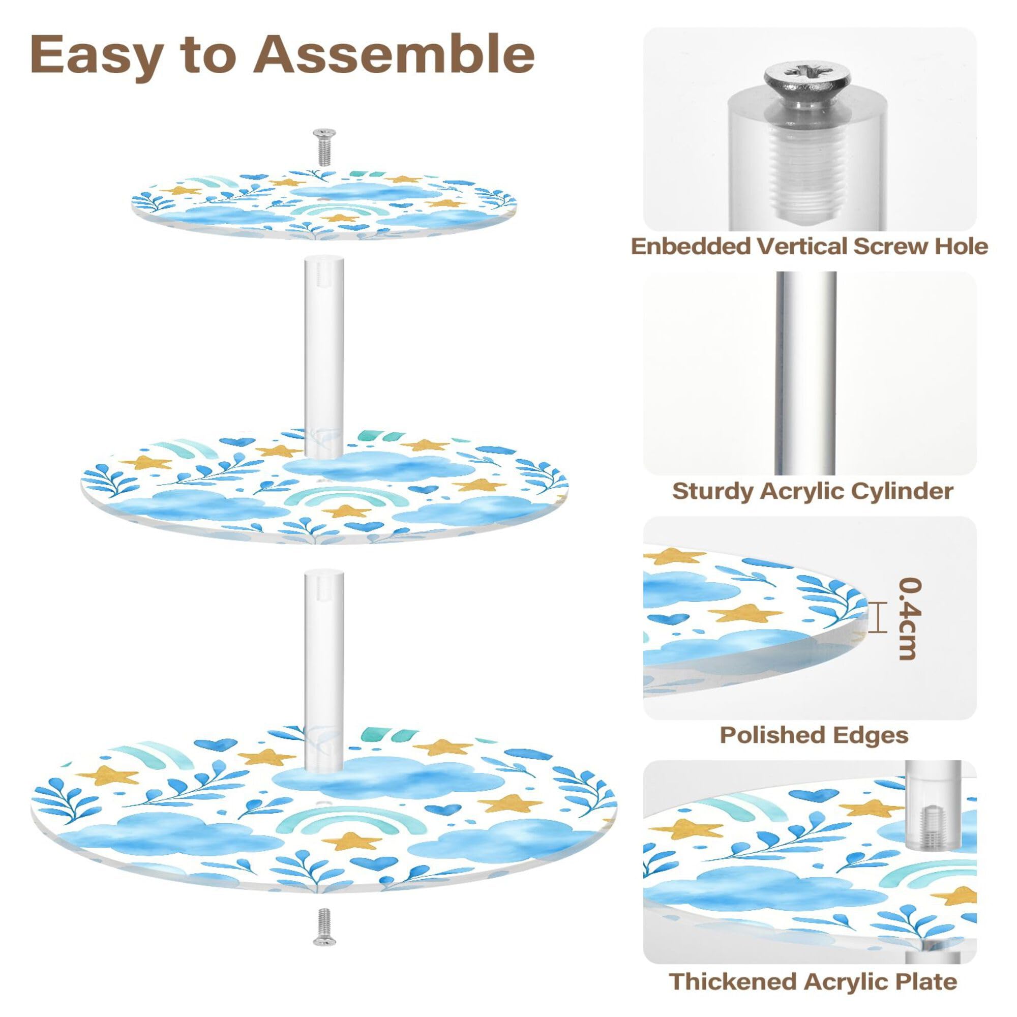 PYBUG Blue Clouds 3 Tier Acrylic Cupcake Stands Tower,Dessert Table Display Set for Tea Party,Wedding,Birthday, Baby Shower