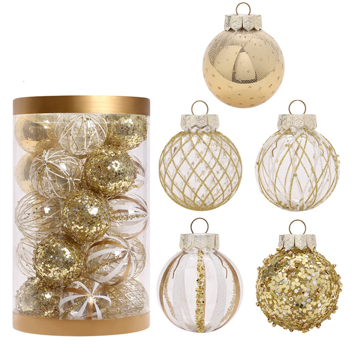 QQY Christmas Tree Ornaments Set, 6cm 25 Pcs Shatterproof Christmas Ball Ornaments Holiday Wedding Party Decoration (White Gold)