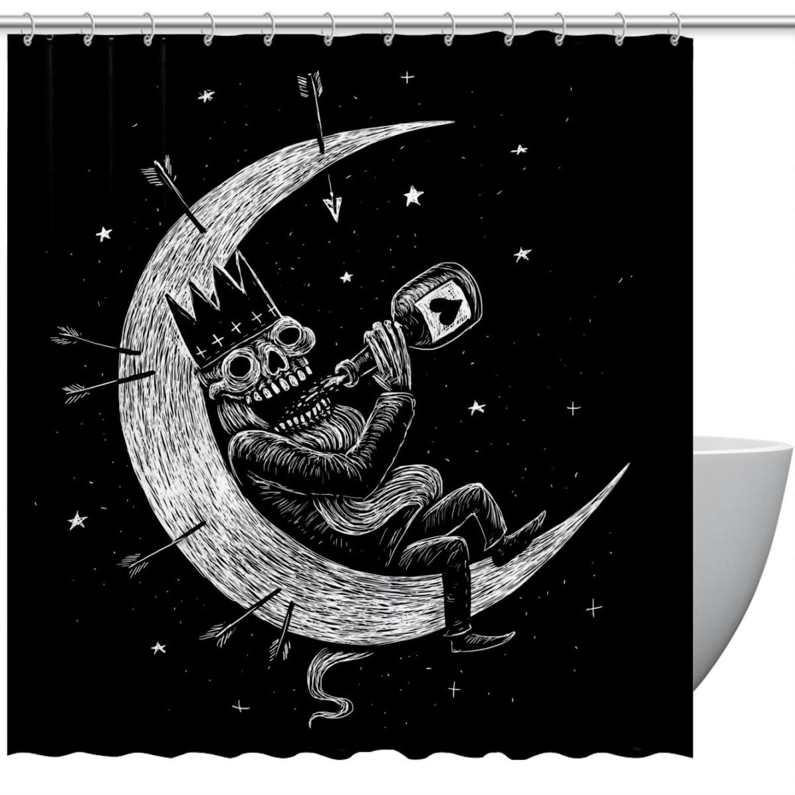 Rideau de douche squelette sur la lune en tissu pour décoration de douche