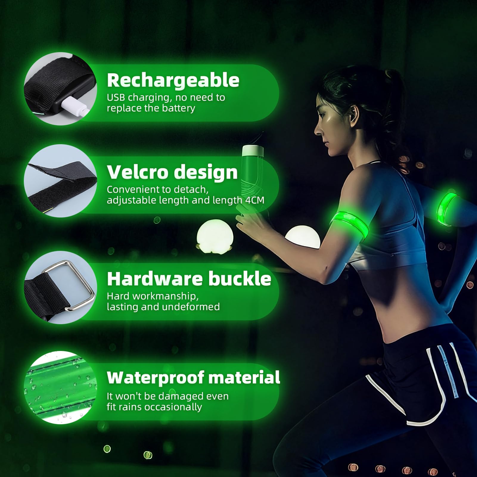 TaimeiMao 2 Pezzi Bande Catarifrangenti, LED Braccialetto Ricaricabile USB, Fascia di Sicurezza ad Alta visibilità, per Ciclismo, Jogging, Escursionismo, Running - Verde