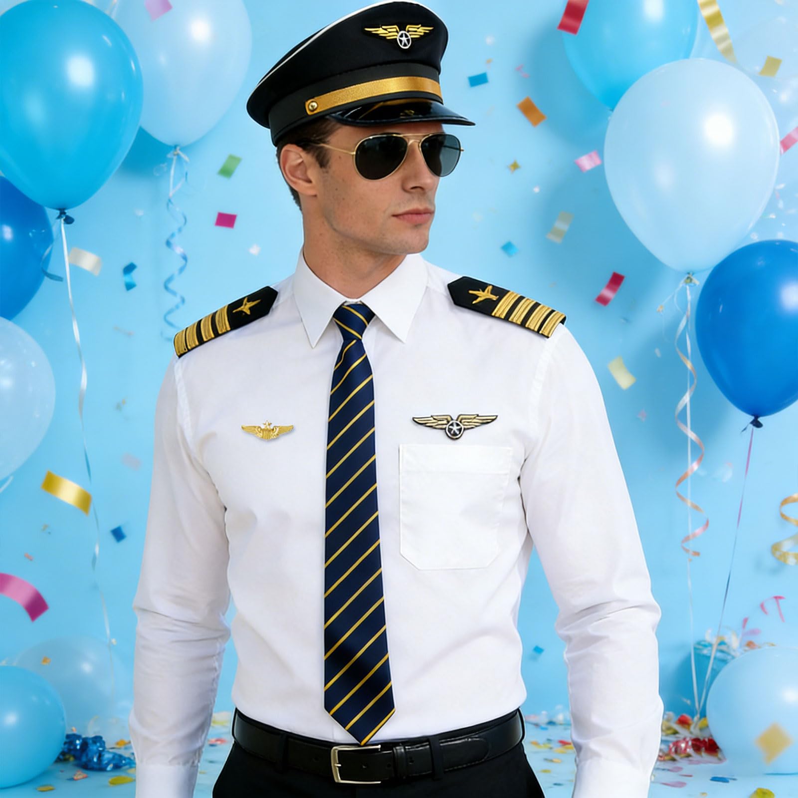 GYIOFAI 7 Pcs Pilot Captain Hat Costume Accessories Set,Halloween Military Airplane Captain Costume Fancy Dress Kit - Image 4
