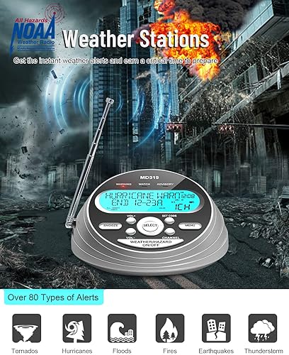 Miniatura 2 de Radio de alerta meteorológica NOAA S.A.M.E. Programación localizada, radio de emergencia con más de 80 alertas de emergencia, reloj despertador,