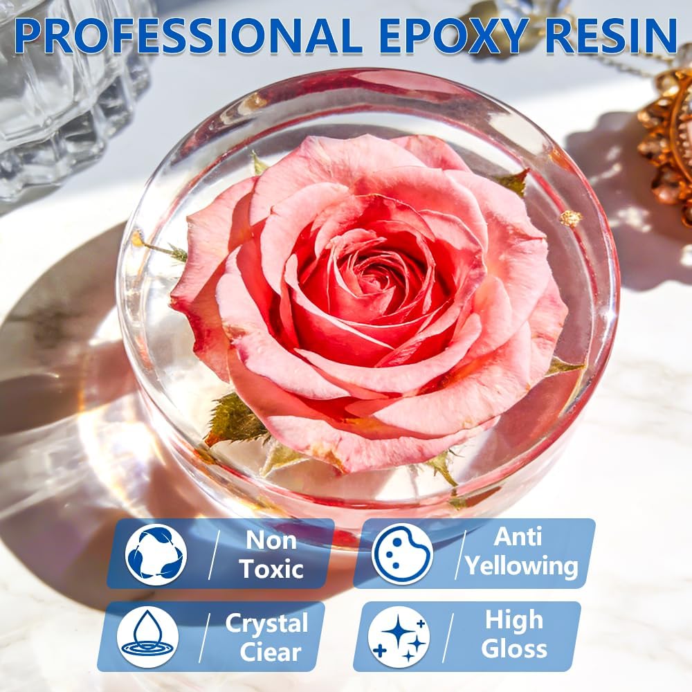 Epoxy Resin 1 Gal-Transparent Epoxy Resin Kit,Include 12 Pigments,Mica Powder and Glitter,-Clear,Low Odor,Bubble Free,Suitable for Jewelry Making,Handicrafts,Table Tops and Resin Molds (0.5gal*2)