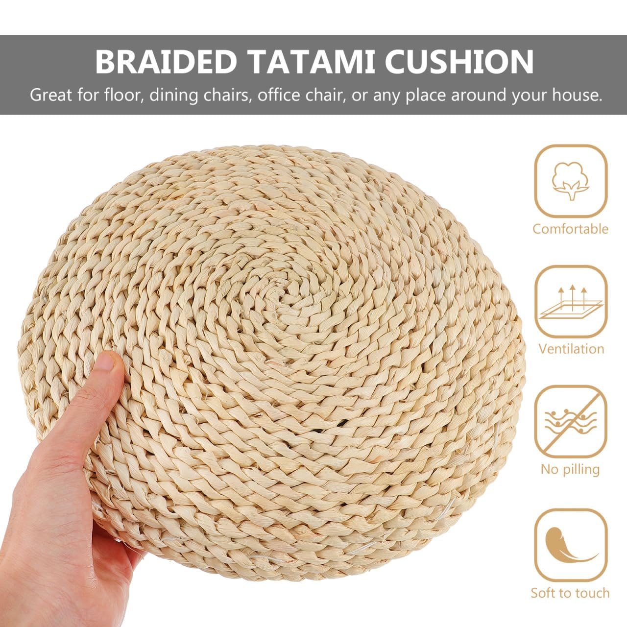 Toyvian Coussin de méditation, tatami japonais, tapis de sol rond, 30 x 30 cm, paille tressée à la main, coussin tressé avec rembourrage en coton de soie pour yoga et séance zen