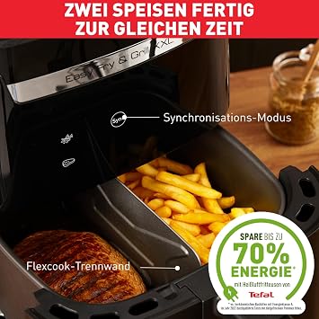 Tefal Easy Fry & Grill XXL Heißluftfritteuse 65 L – Airfryer mit Flexcook-Trennwand (XXL oder geteilt) 8 Programme 80–220 °C Druckguss-Grillplatte fettarm frittieren spülmaschinenfest EY8018