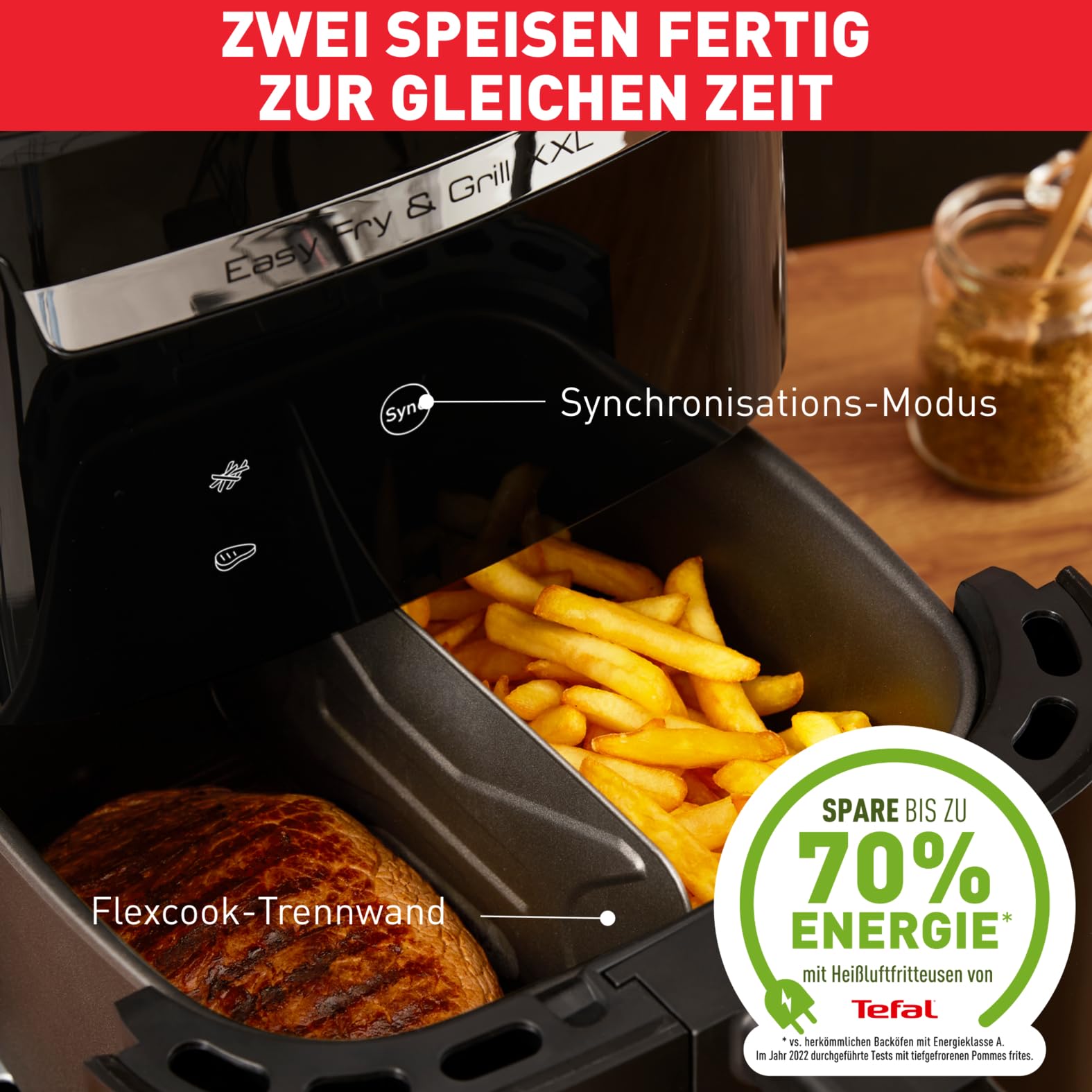 Tefal Easy Fry & Grill XXL Heißluftfritteuse 6,5 L – Airfryer mit Flexcook-Trennwand (XXL oder geteilt), 8 Programme, 80–220 °C, Druckguss-Grillplatte, fettarm frittieren, spülmaschinenfest EY8018