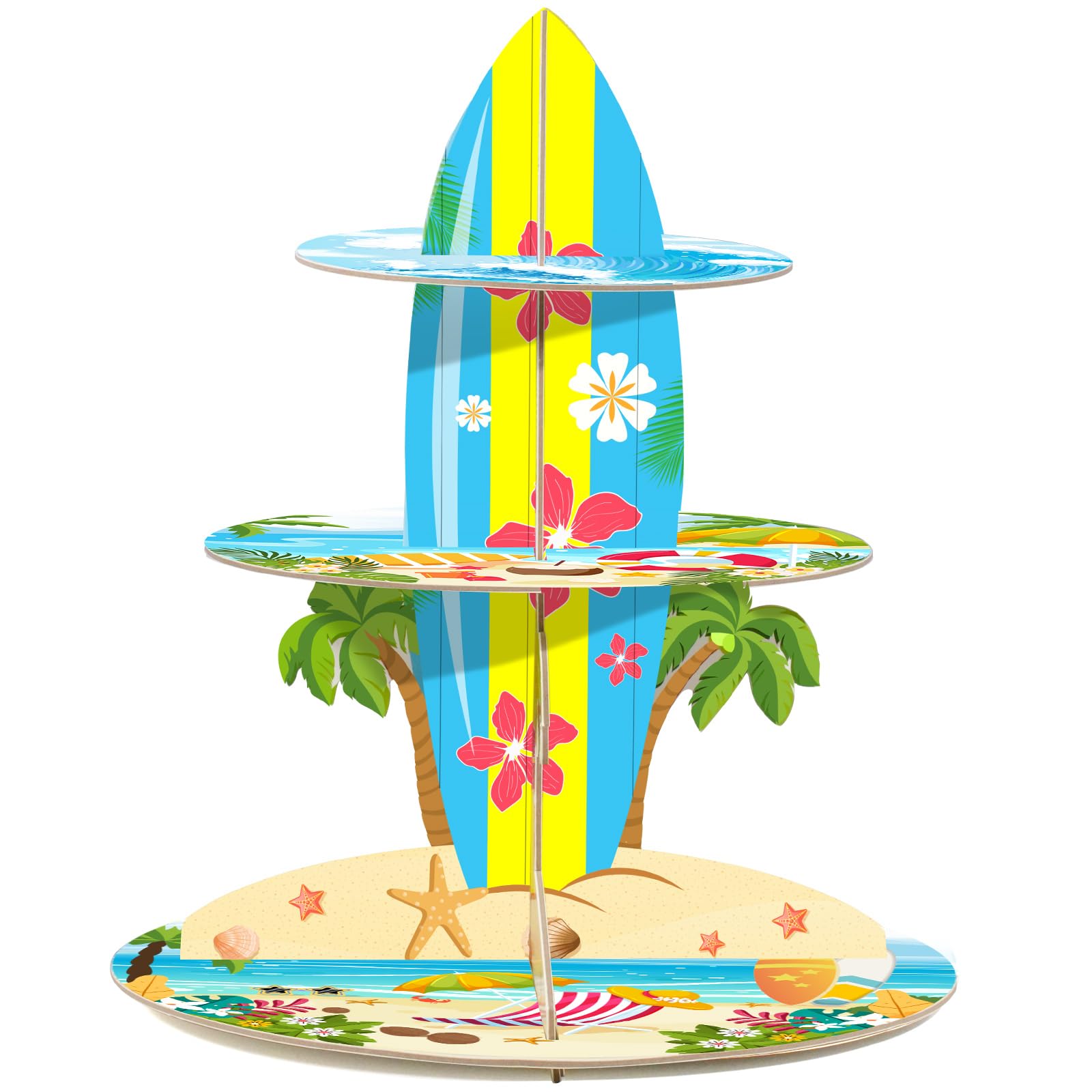 TEASIK 3-Tier Cupcake Stand for Beach Party Decorations - Multi-Colored Tropical Luau Pool Party Supplies, Hawaiian Themed Birthday Cake Stand for Baby Shower Wedding Decorations