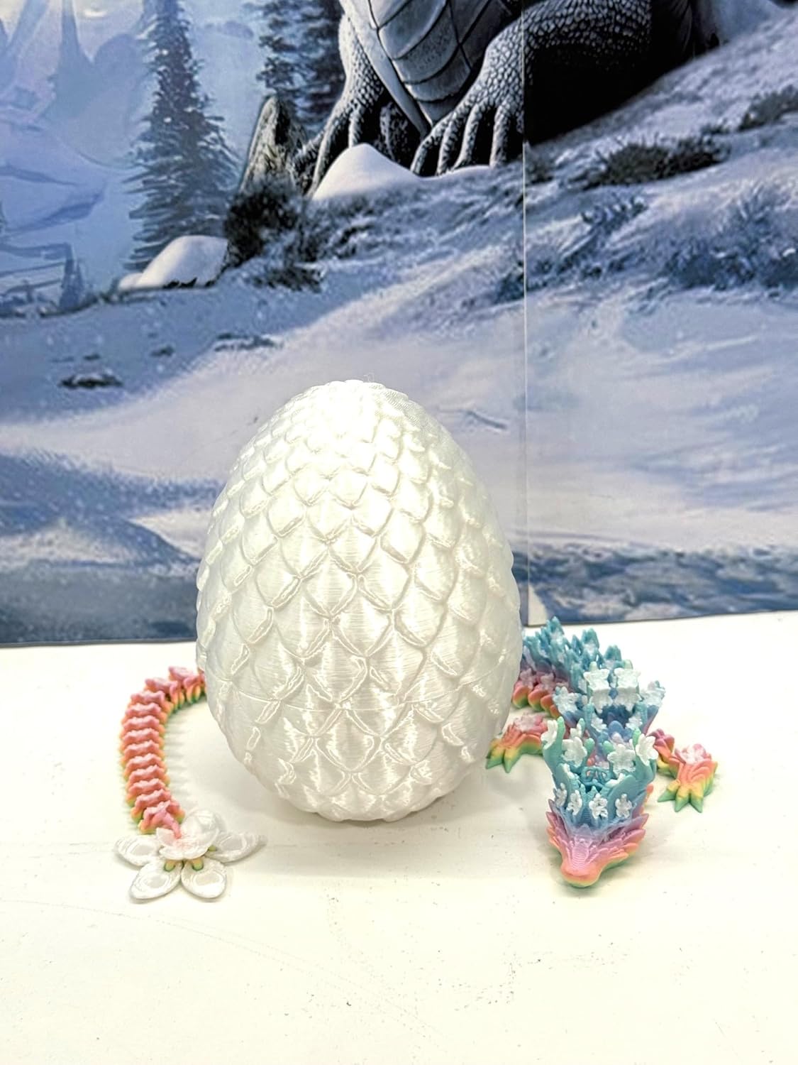 3D Printed Dragon with Dragon Egg, 12" Rainbow Cherry Blossom, Fidget ADHD Autism Toy, Executive Desk Toy D060-WE
